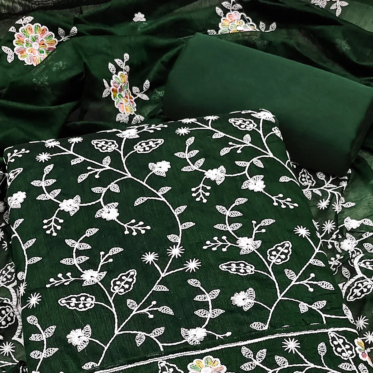 Regal Bottle Green Chanderi Silk Dress Material With Intricate Floral Thread Embroidery - Image 2