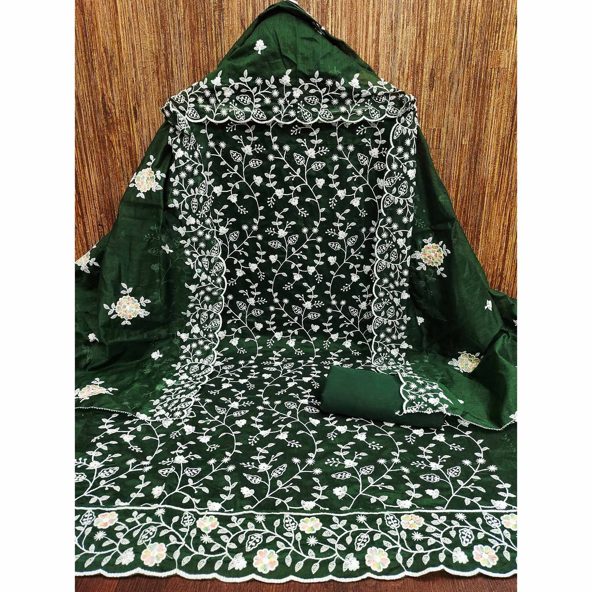 Regal Bottle Green Chanderi Silk Dress Material With Intricate Floral Thread Embroidery - Image 3