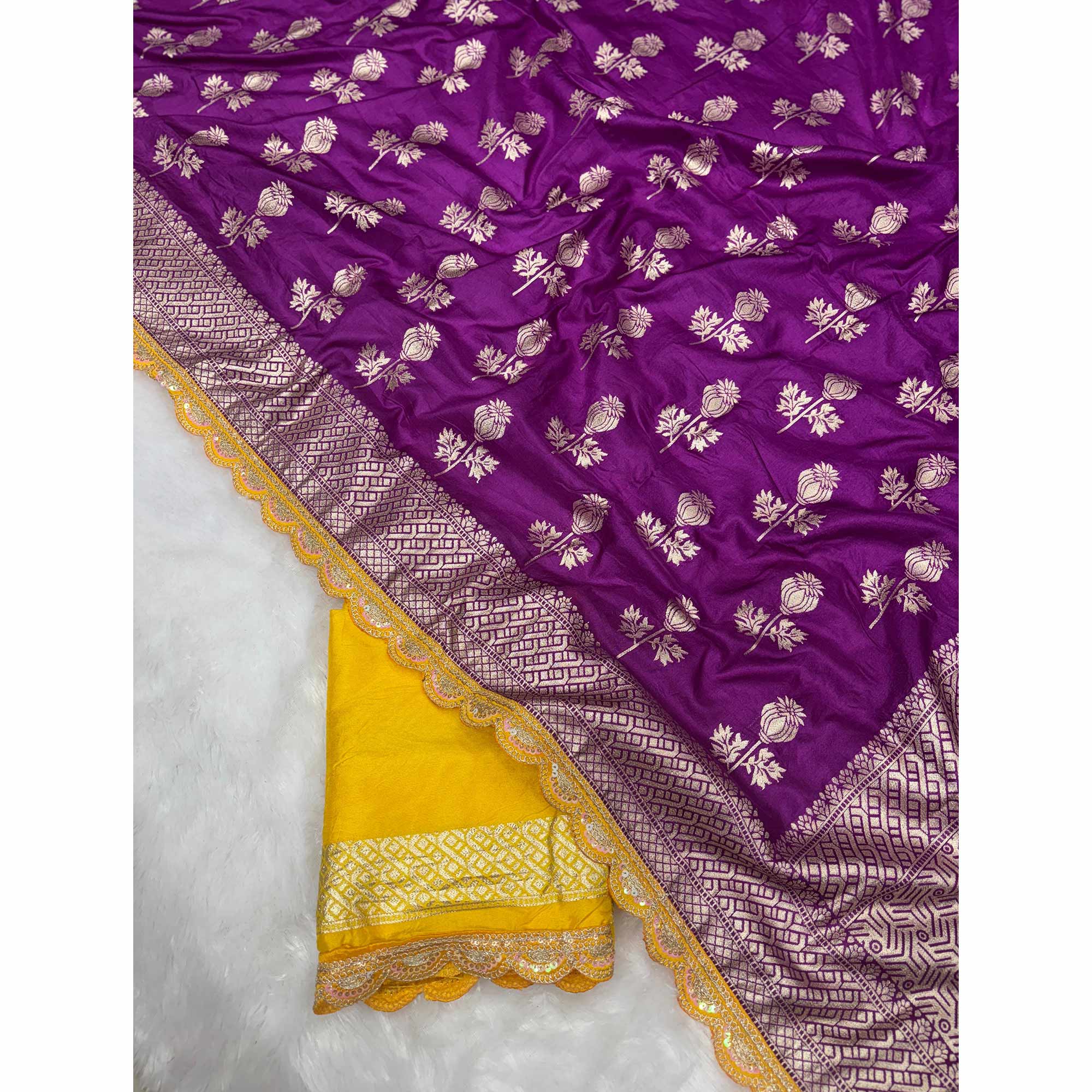 Regal Dola Silk Saree in Royal Purple Featuring Floral Weaves - Image 3