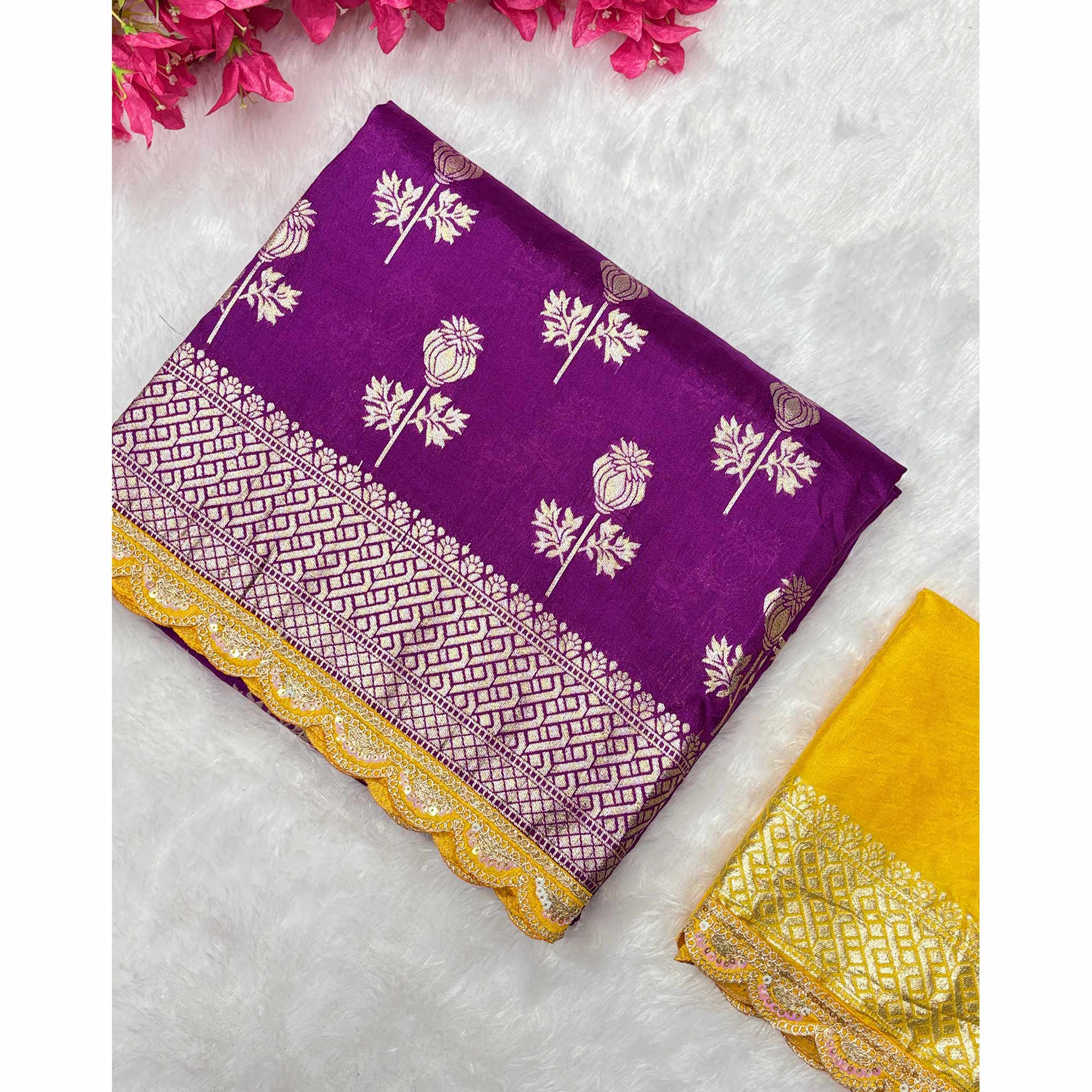 Regal Dola Silk Saree in Royal Purple Featuring Floral Weaves - Image 4