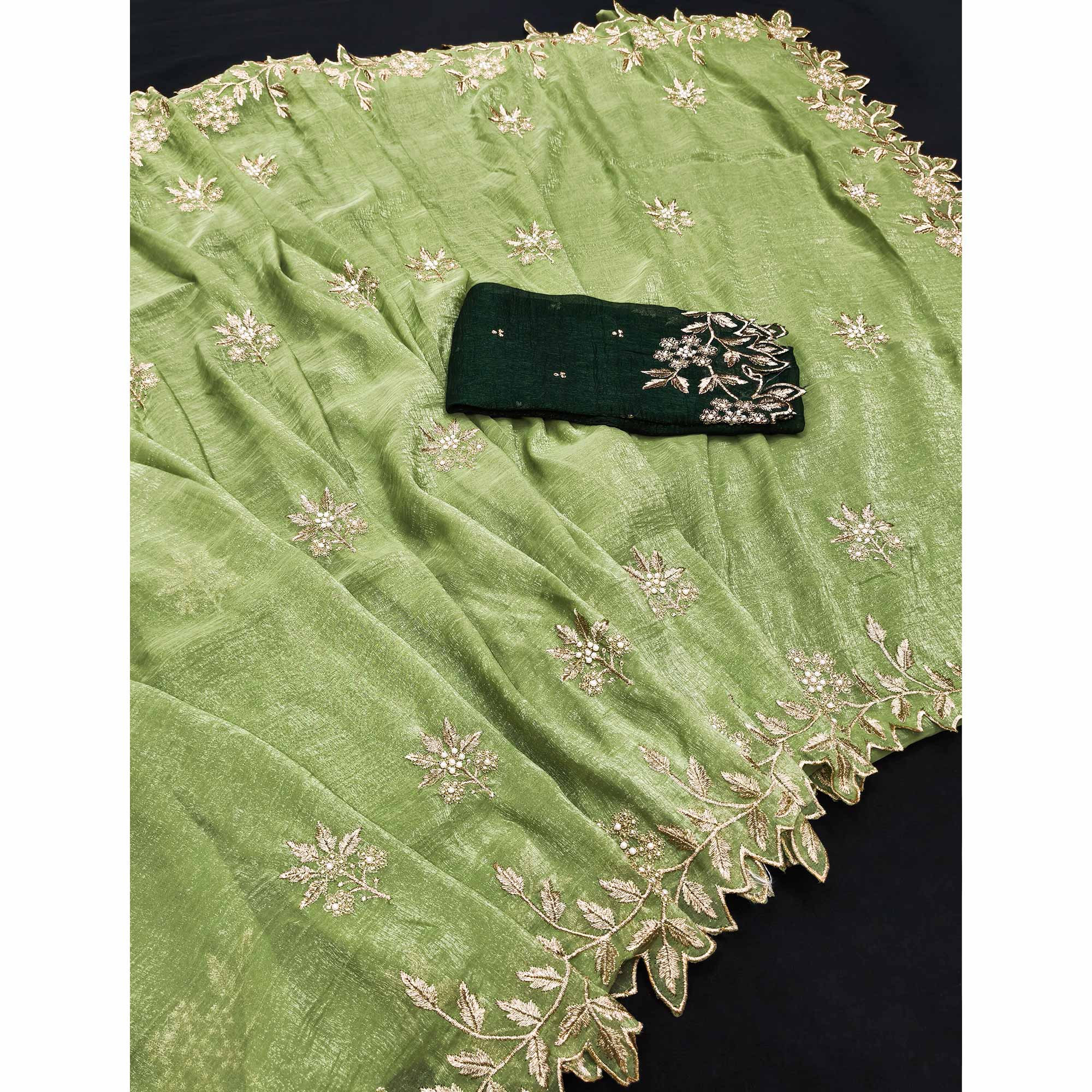 Regal Green Chiffon Saree Adorned with Intricate Golden Embroidery - Image 3