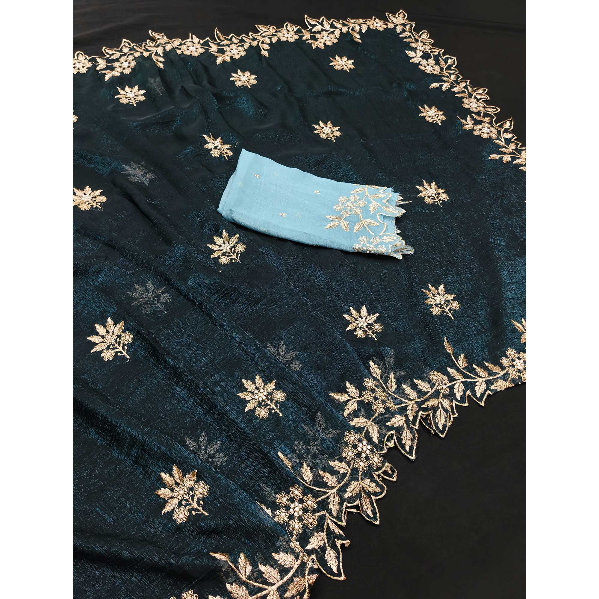 Regal Morpich Blue Chiffon Saree Adorned with Intricate Golden Embroidery - Image 3