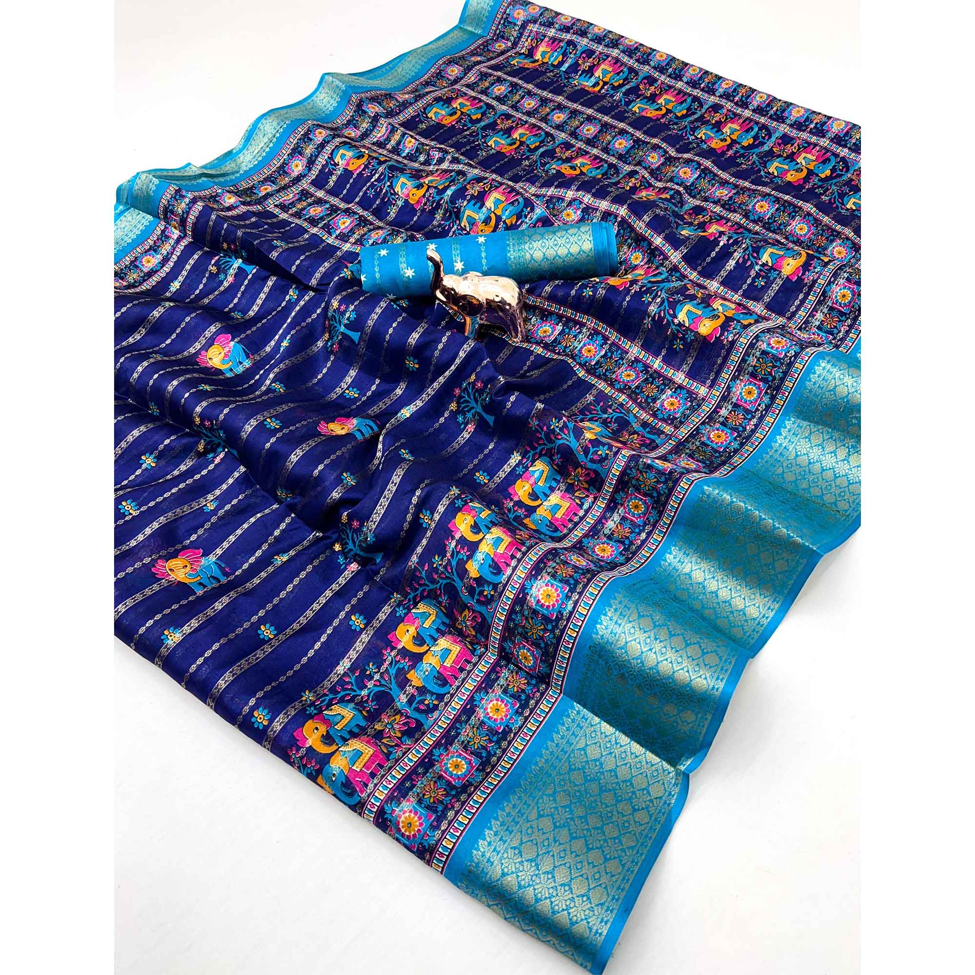Regal Navy Blue Weaving Dola Silk Saree Adorned With Artistic Elephant & Floral Print - Image 3
