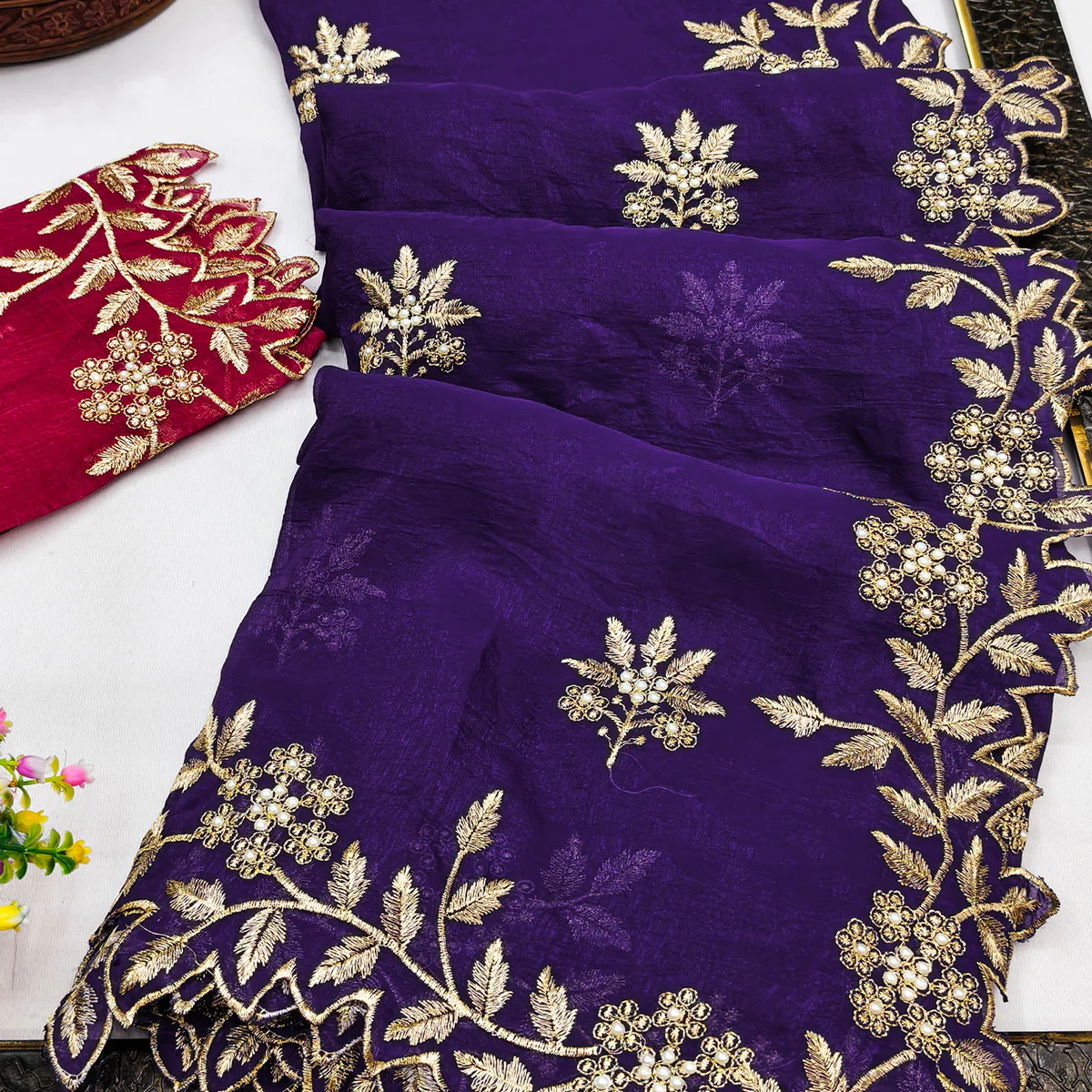 Regal Violet Chiffon Saree Adorned with Intricate Golden Embroidery - Image 2
