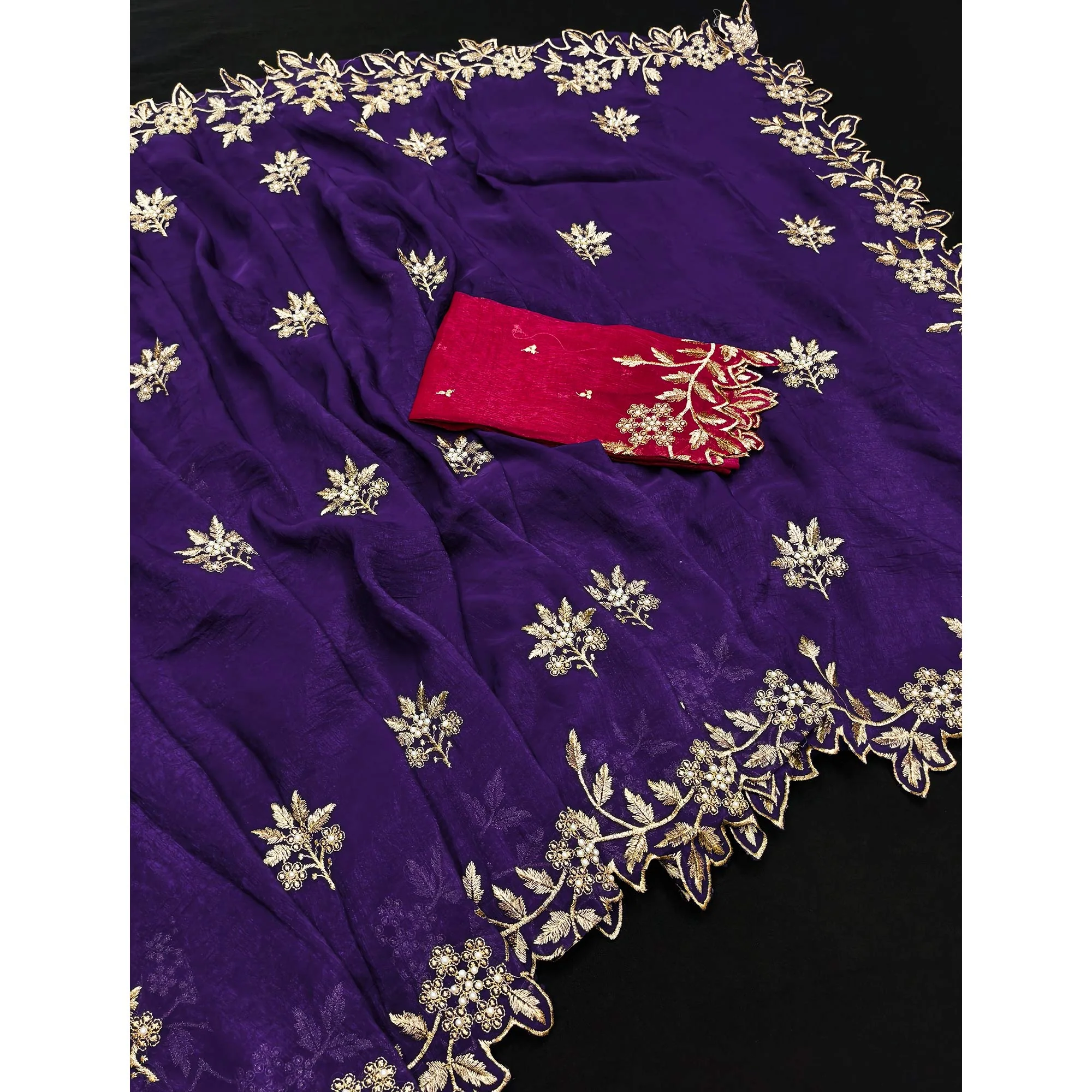 Regal Violet Chiffon Saree Adorned with Intricate Golden Embroidery - Image 3