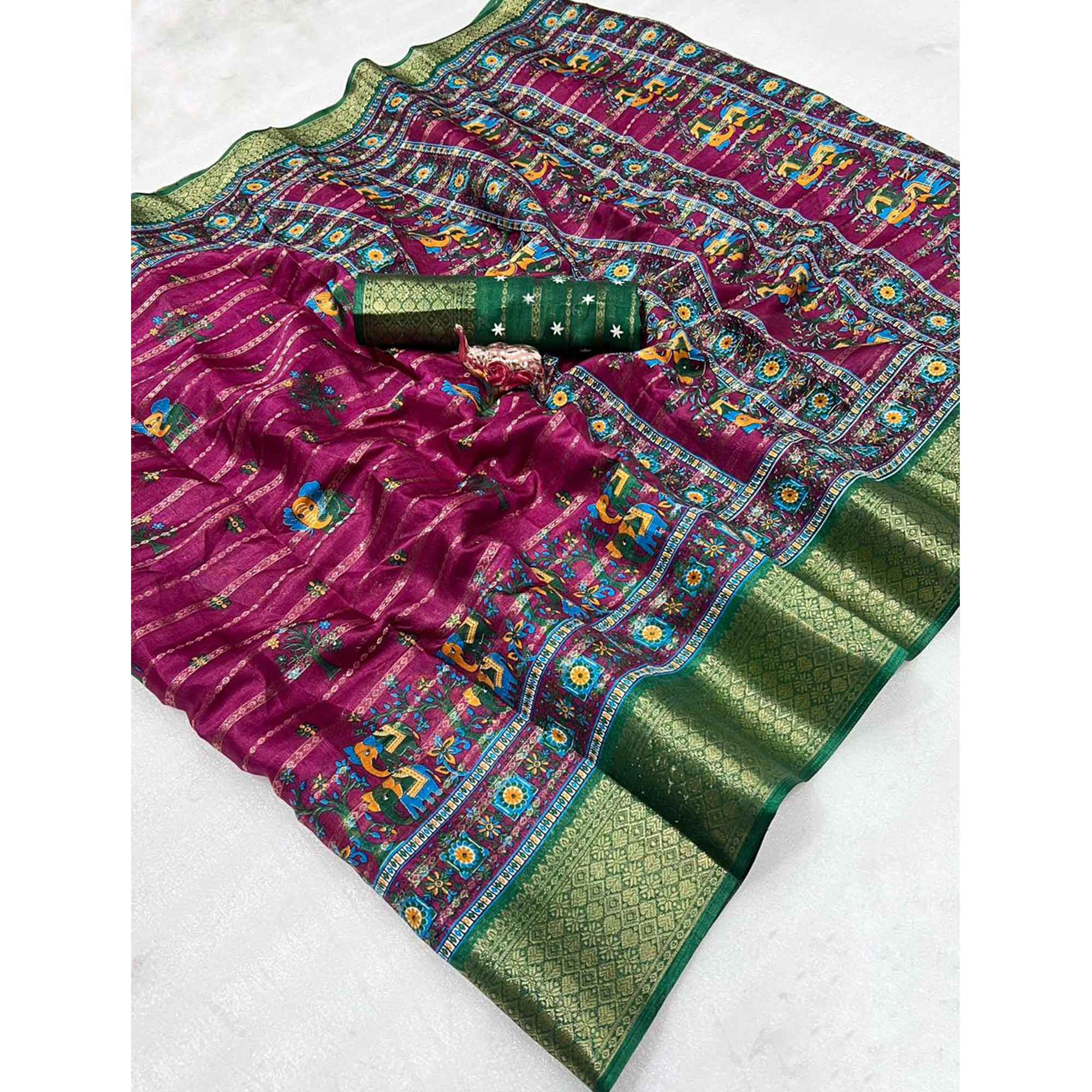 Regal Wine Weaving Dola Silk Saree Adorned With Artistic Elephant & Floral Print - Image 3