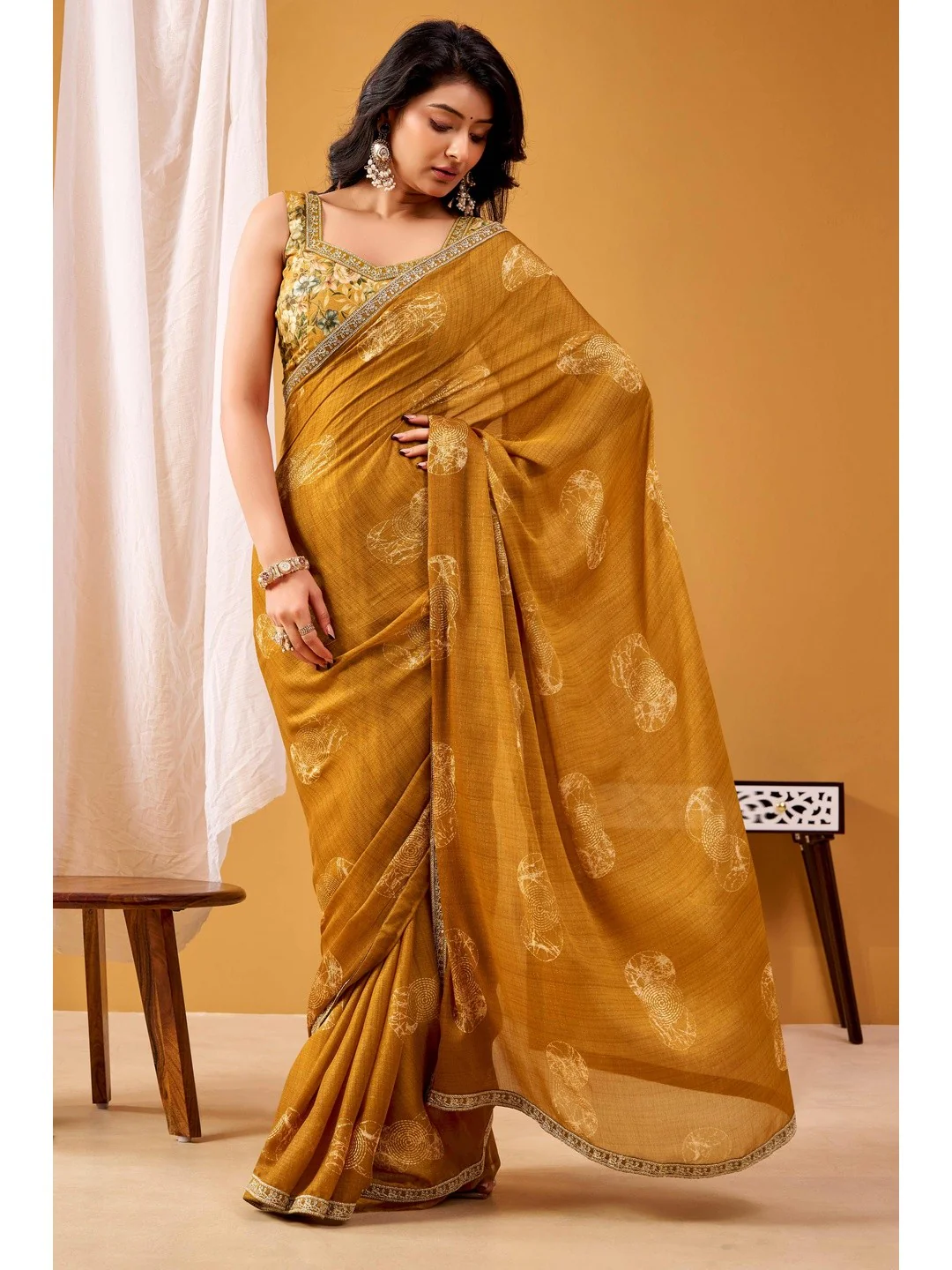 Rich Brown Chiffon Saree Featuring Luxe Foil Print & Refined Sequins Embroidery Border - Image 3