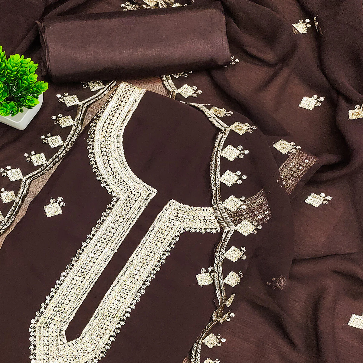 Rich Dark Brown Georgette Dress Material With Dazzling Sequins Embroidery - Image 2