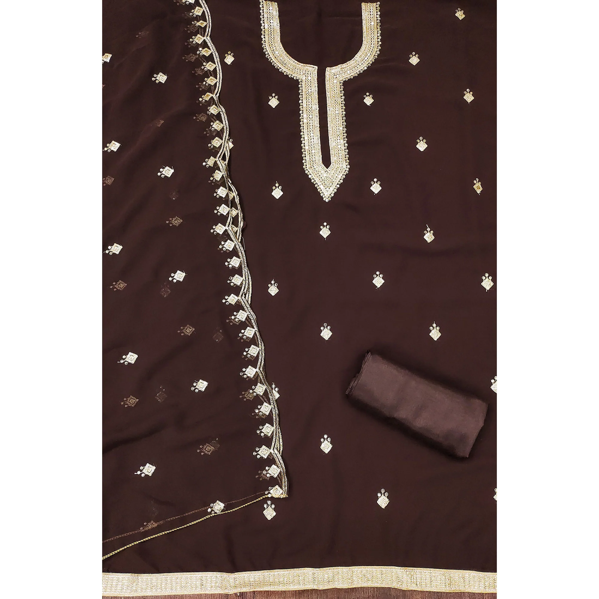 Rich Dark Brown Georgette Dress Material With Dazzling Sequins Embroidery - Image 4