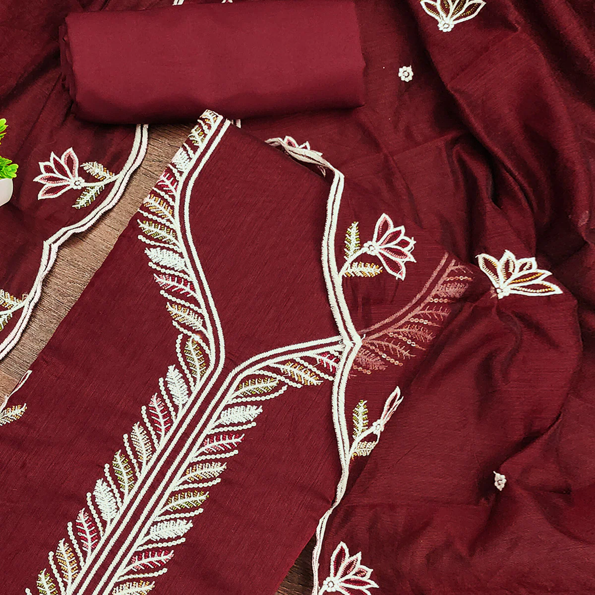 Rich Maroon Chanderi Cotton Dress Material With Exquisite Floral Thread Embroidery & Sequins Work - Image 2