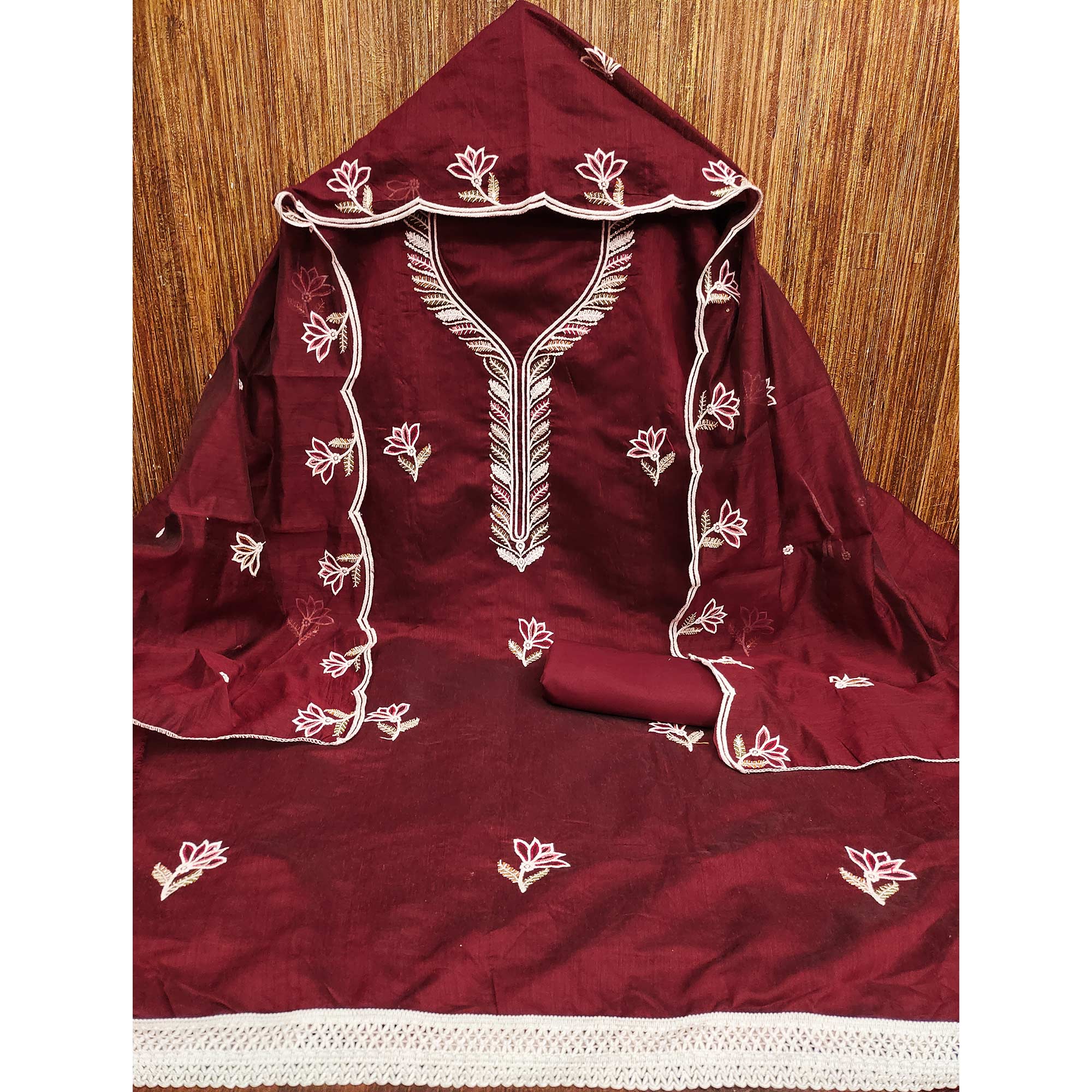 Rich Maroon Chanderi Cotton Dress Material With Exquisite Floral Thread Embroidery & Sequins Work - Image 3