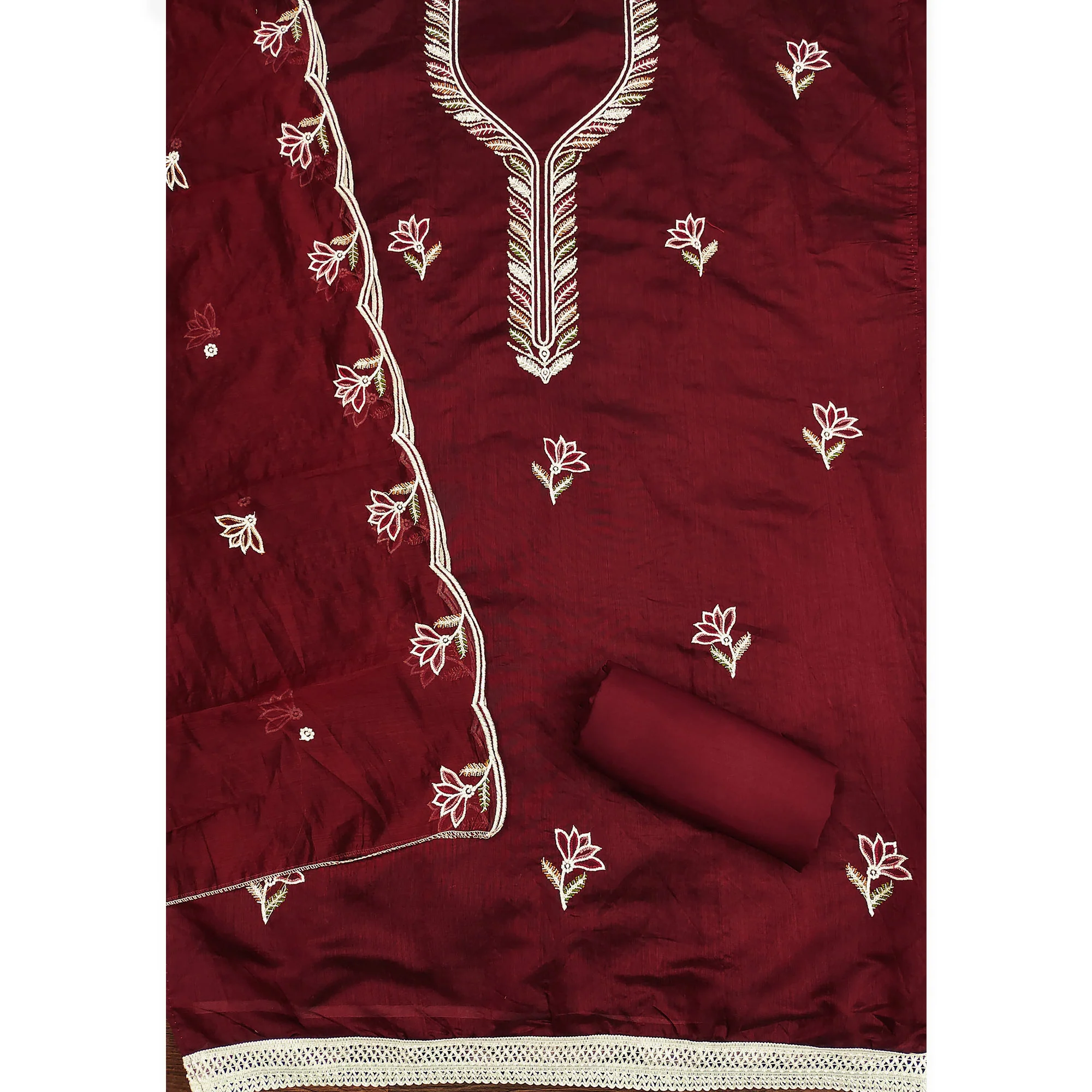 Rich Maroon Chanderi Cotton Dress Material With Exquisite Floral Thread Embroidery & Sequins Work - Image 4