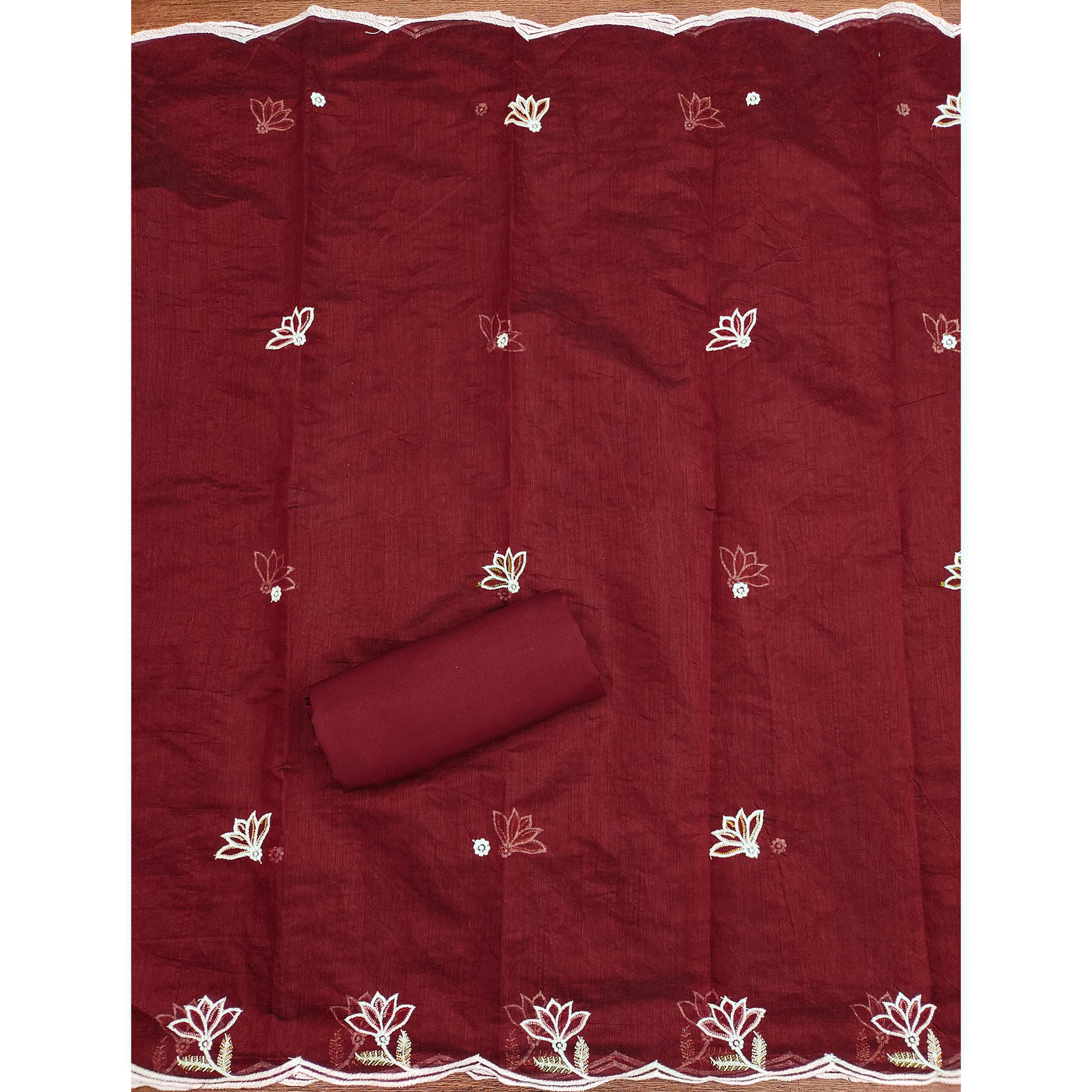Rich Maroon Chanderi Cotton Dress Material With Exquisite Floral Thread Embroidery & Sequins Work - Image 5