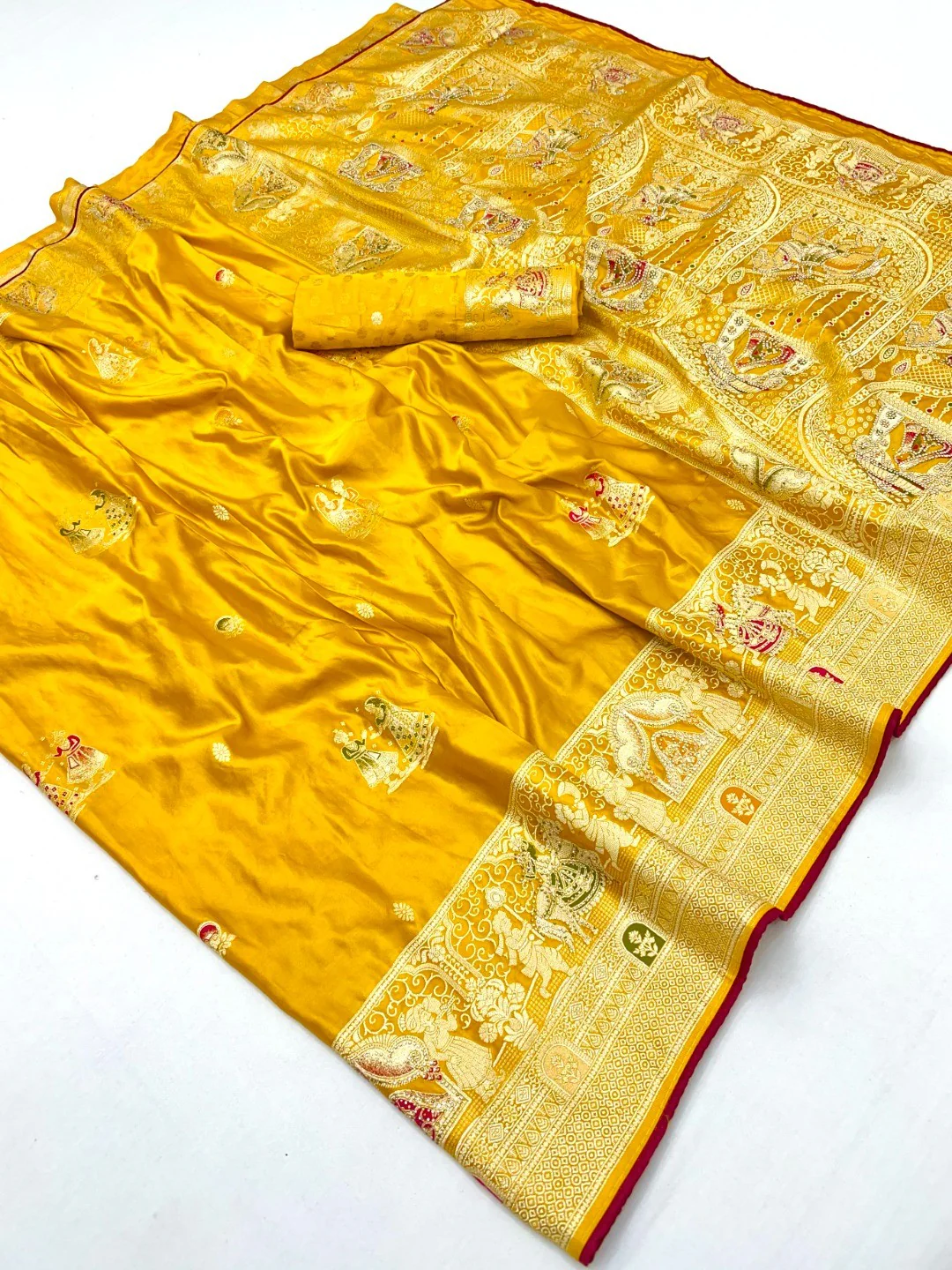 Rich Mustard Satin Saree Adorned With Intricate Weaving Accents & Sparkling Stone Work Elegance - Image 2