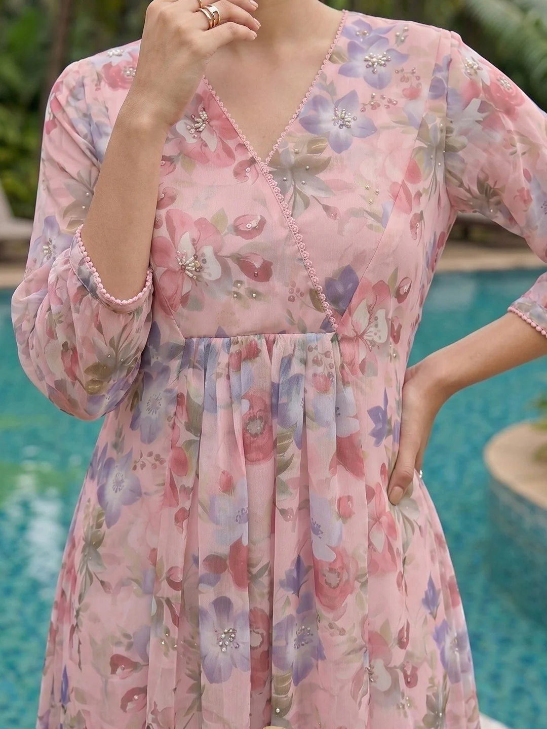 Rich Pink Floral Printed Chiffon Maxi Dress Feminine Elegant Appeal - Image 3