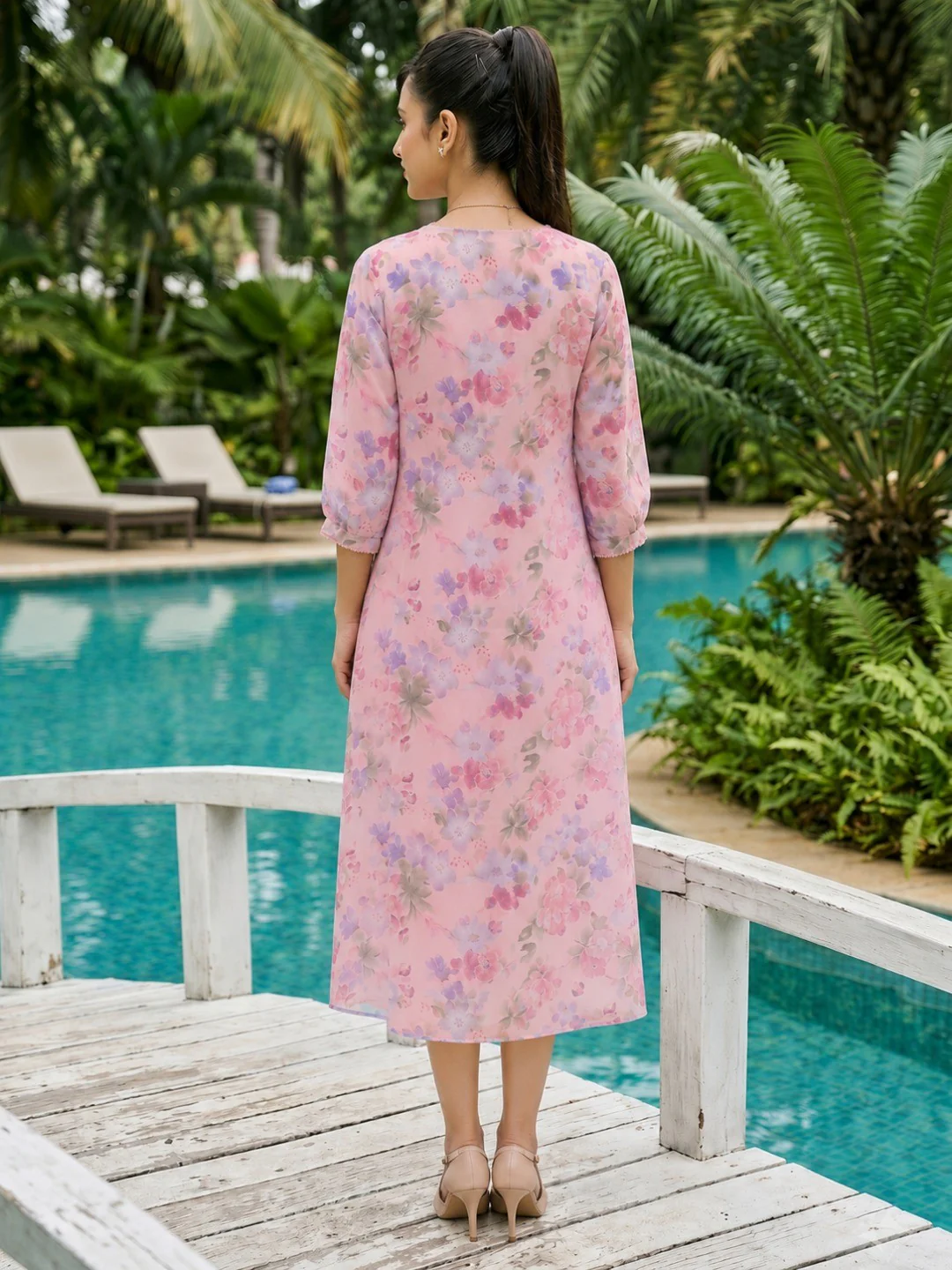 Rich Pink Floral Printed Chiffon Maxi Dress Feminine Elegant Appeal - Image 4