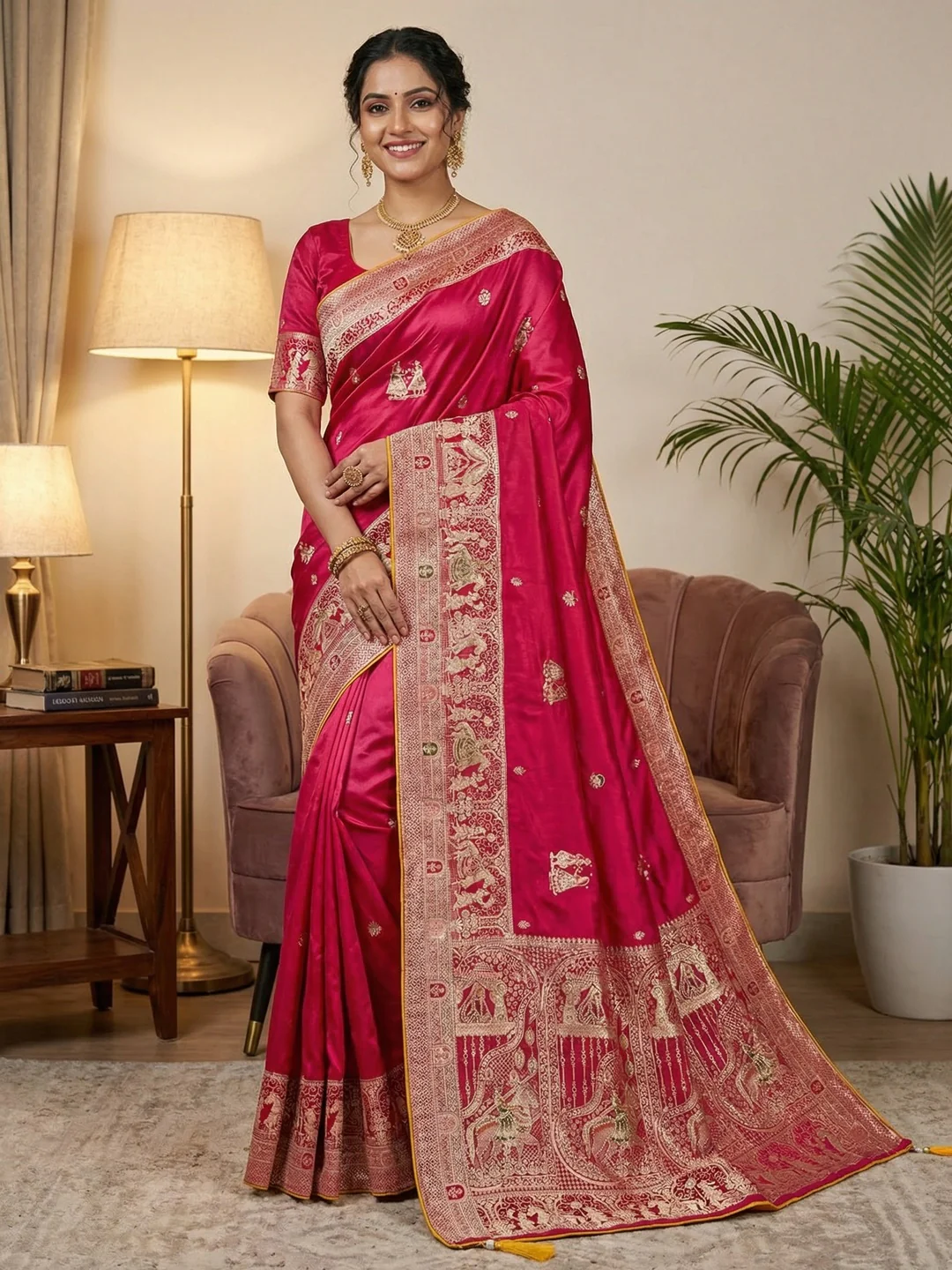 Rich Pink Satin Saree Adorned With Intricate Weaving Accents & Sparkling Stone Work Elegance