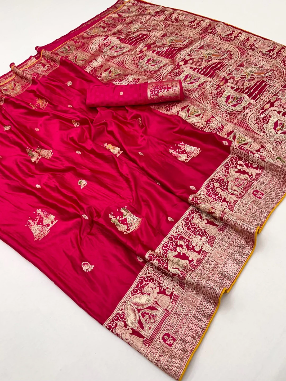 Rich Pink Satin Saree Adorned With Intricate Weaving Accents & Sparkling Stone Work Elegance - Image 2