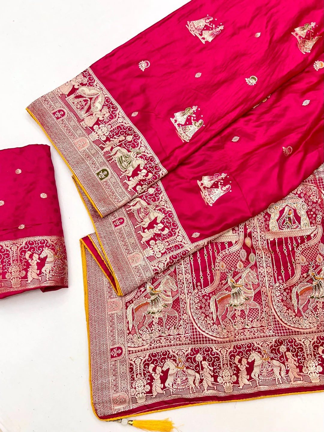 Rich Pink Satin Saree Adorned With Intricate Weaving Accents & Sparkling Stone Work Elegance - Image 3