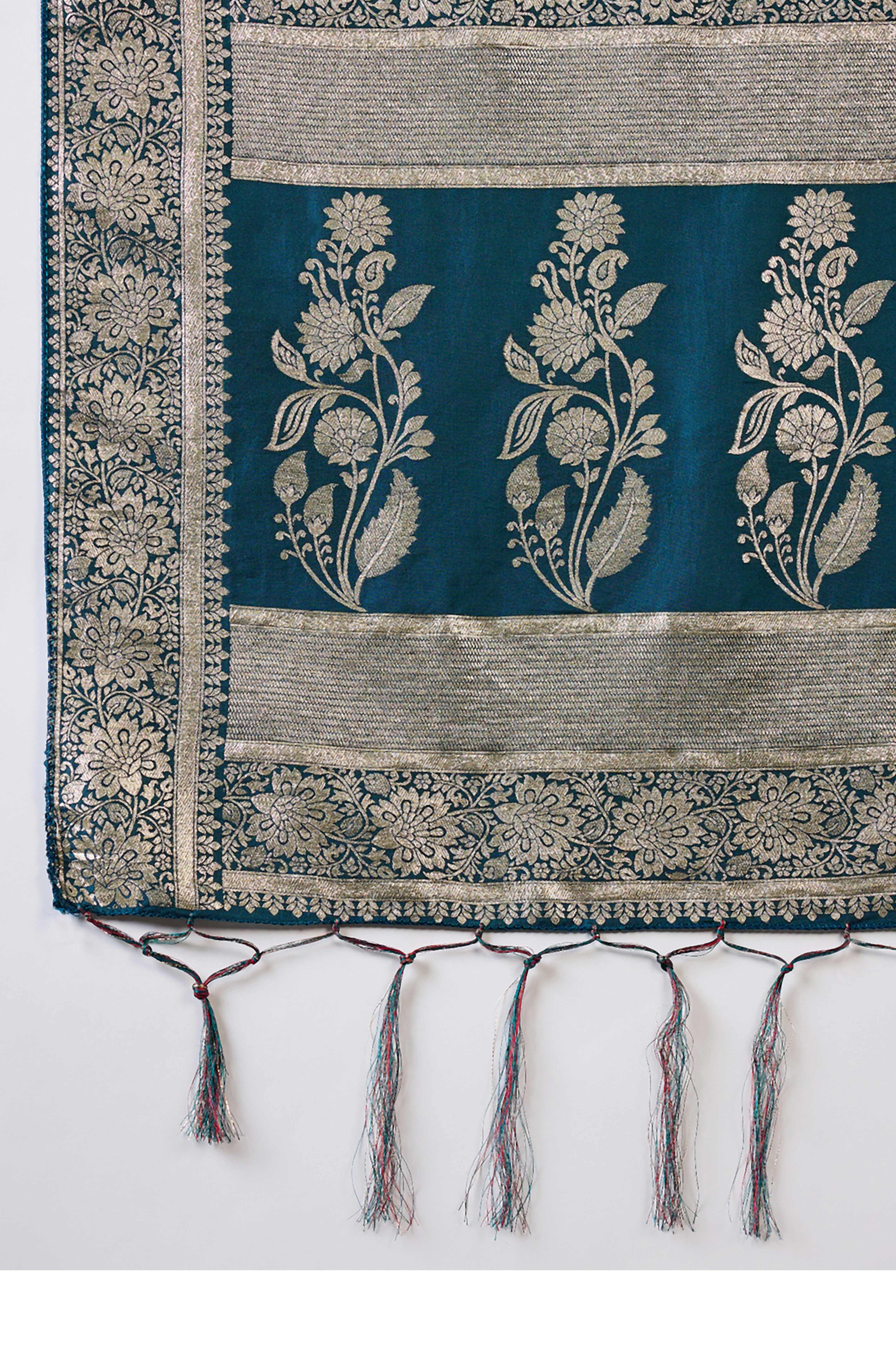 Rich Teal Blue Cotton Blend Jacquard Saree Adorned With Floral Weaving & Graceful Tassel Pallu - Image 8