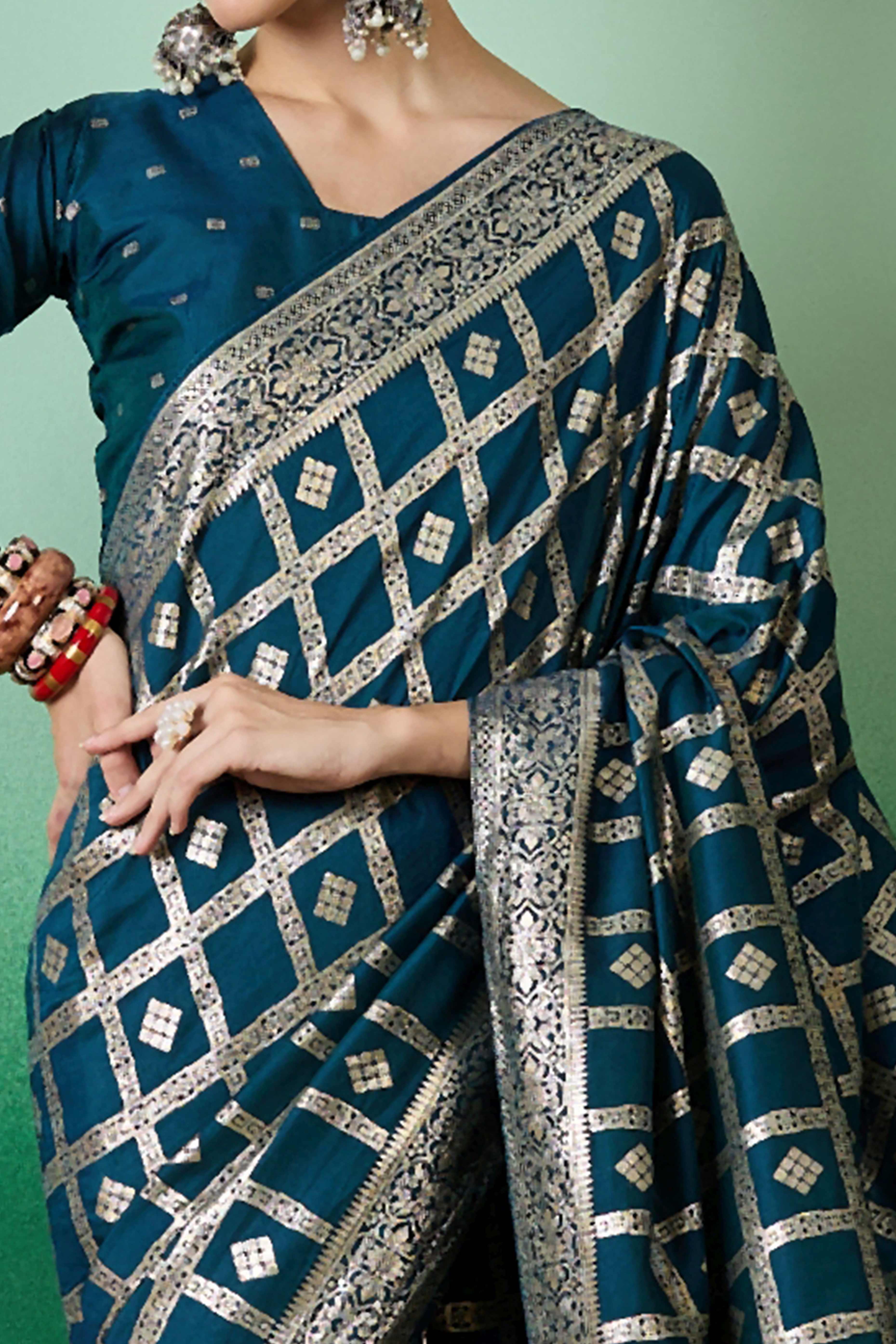 Rich Teal Blue Jacquard Saree In Cotton Blend Featuring Elegant Floral Weaving & A Tasselled Pallu - Image 2