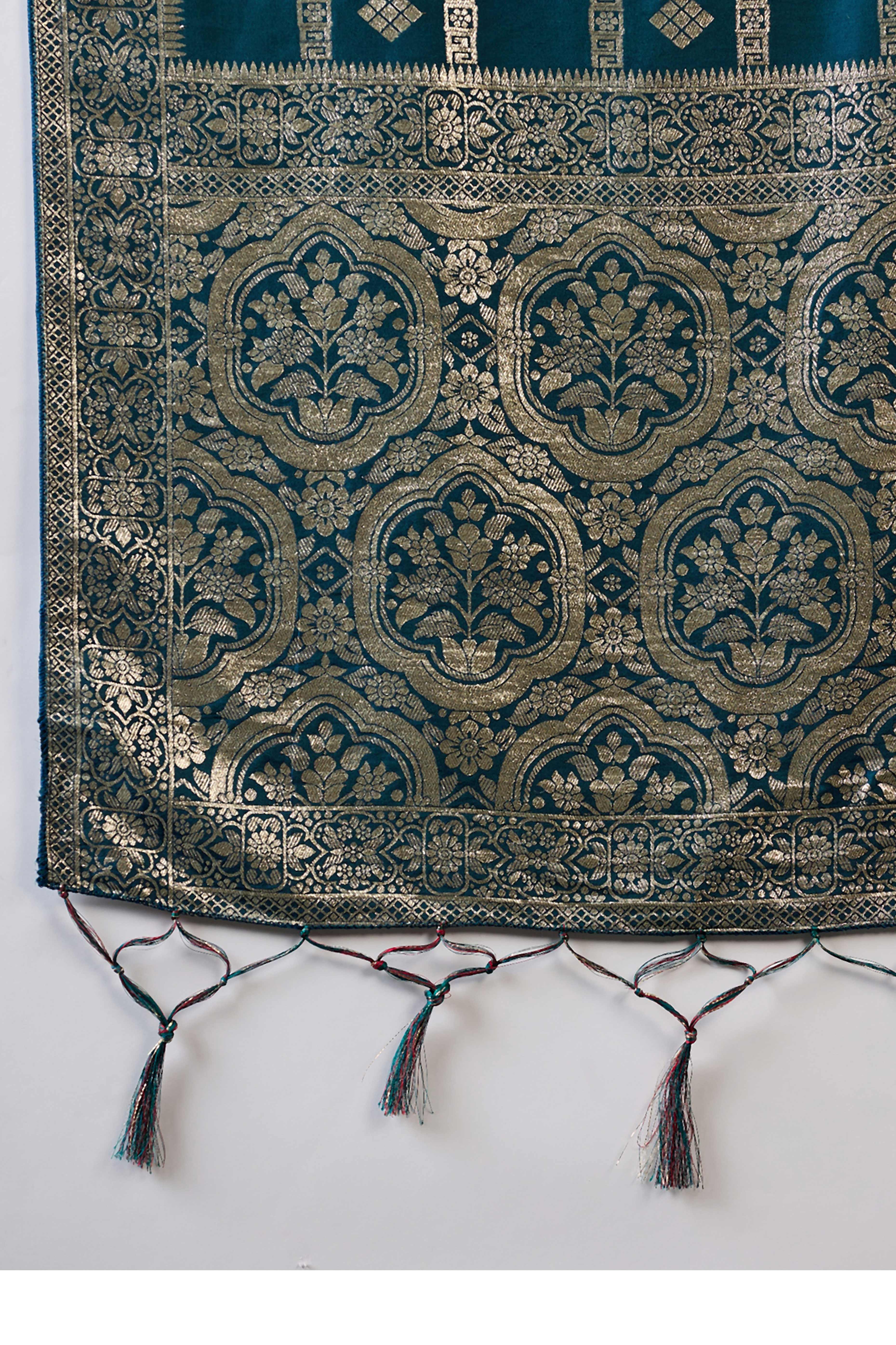 Rich Teal Blue Jacquard Saree In Cotton Blend Featuring Elegant Floral Weaving & A Tasselled Pallu - Image 7