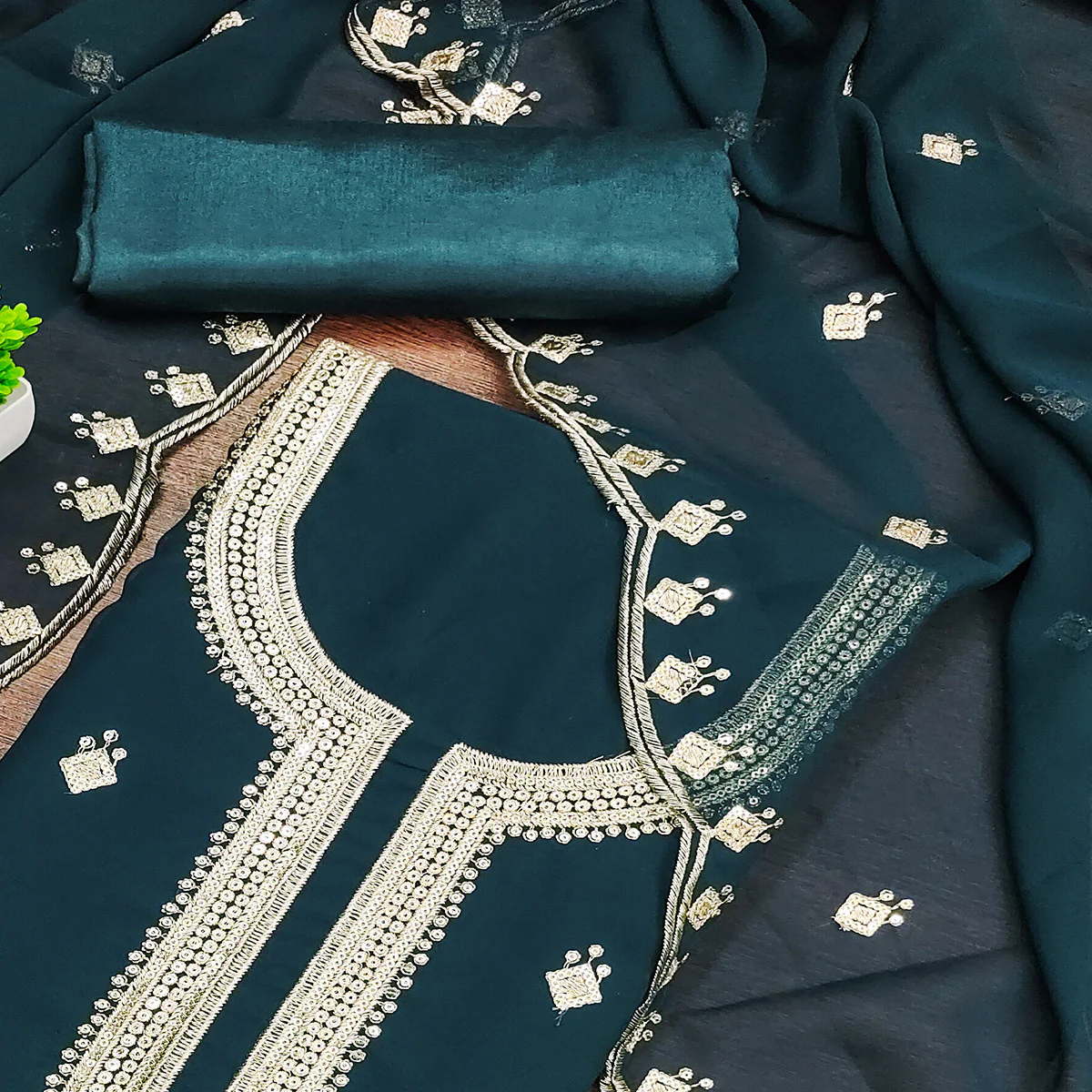 Rich Teal Georgette Dress Material With Dazzling Sequins Embroidery - Image 2