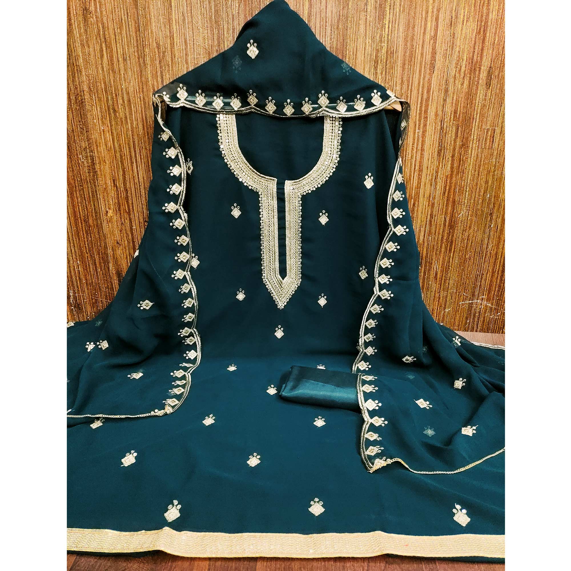Rich Teal Georgette Dress Material With Dazzling Sequins Embroidery - Image 3