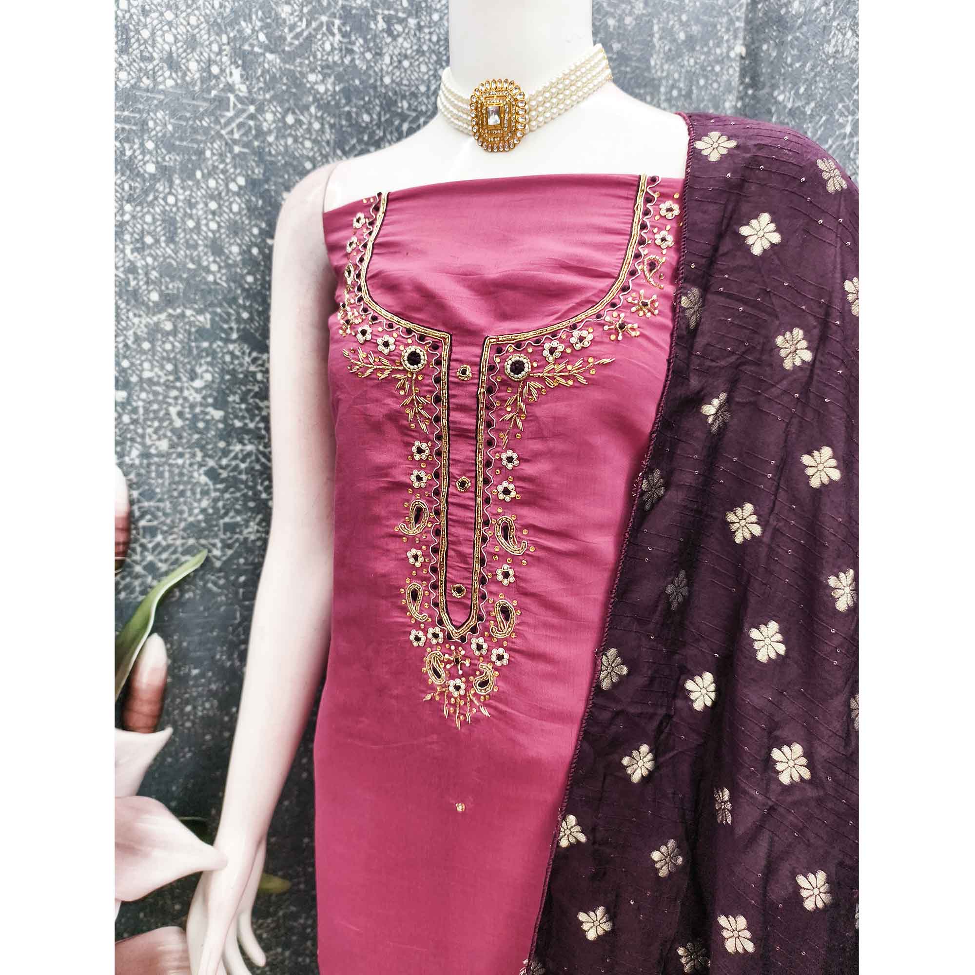 Rose Pink Chanderi Silk Dress Material Featuring Intricate Beads & Stone Embroidery - Image 4