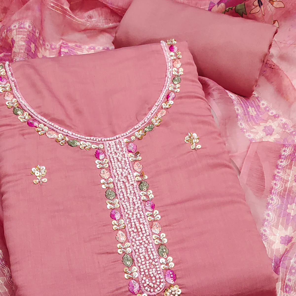 Rose Pink Embroidered Chanderi Silk Unstitched Dress Material with Delicate Beads Work - Image 2