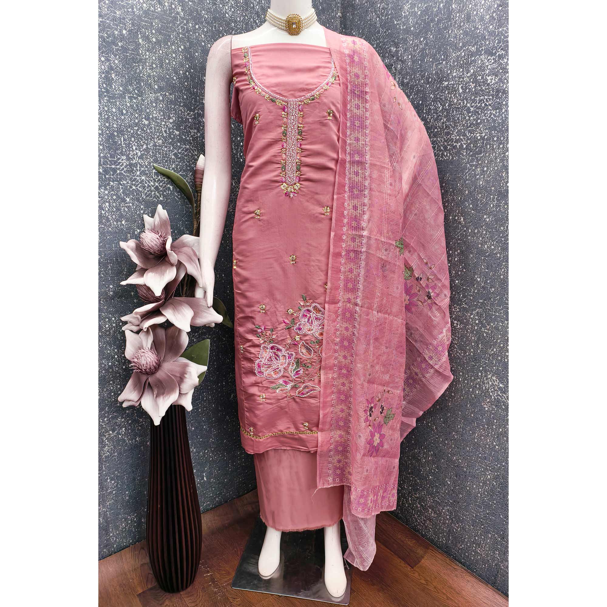 Rose Pink Embroidered Chanderi Silk Unstitched Dress Material with Delicate Beads Work - Image 3
