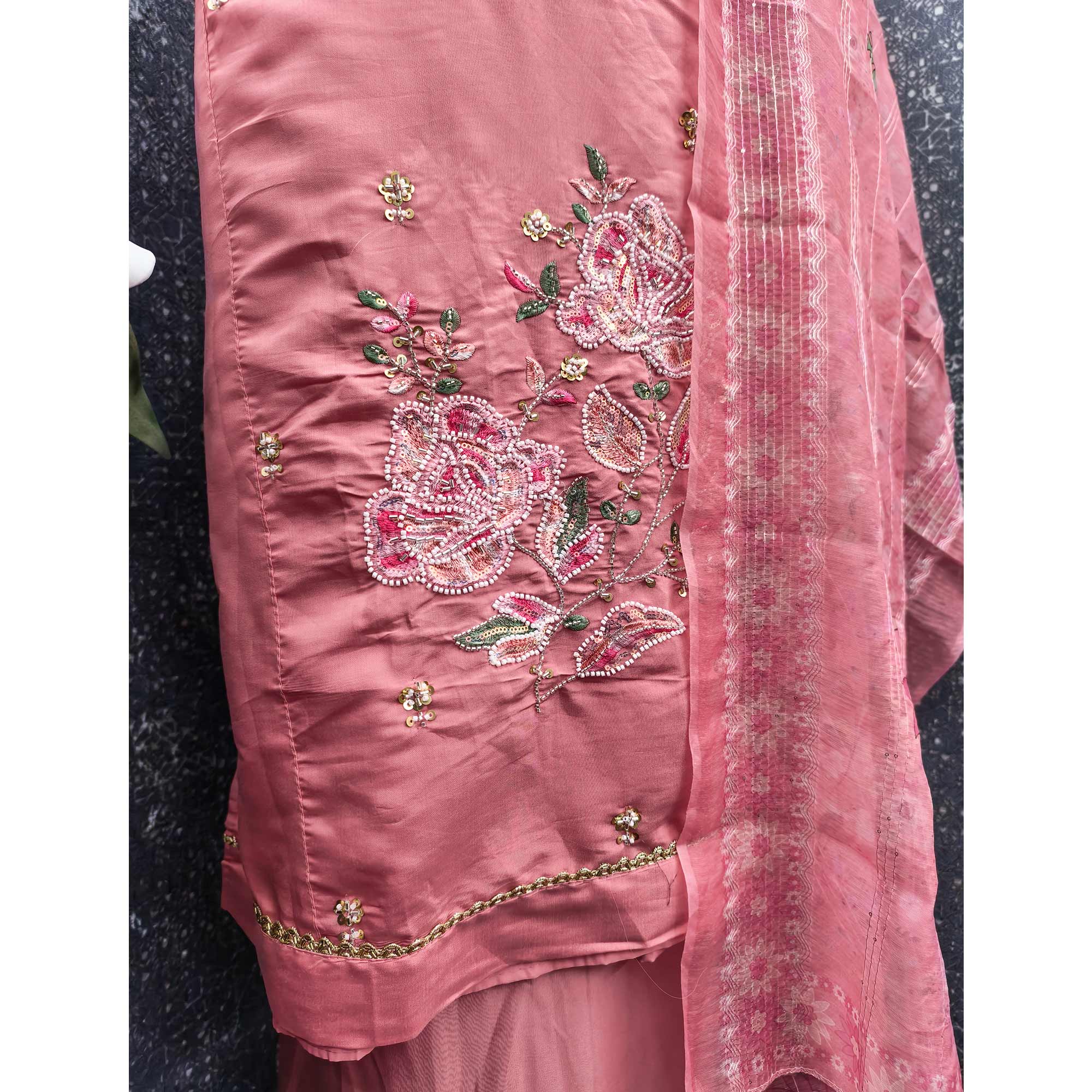Rose Pink Embroidered Chanderi Silk Unstitched Dress Material with Delicate Beads Work - Image 4