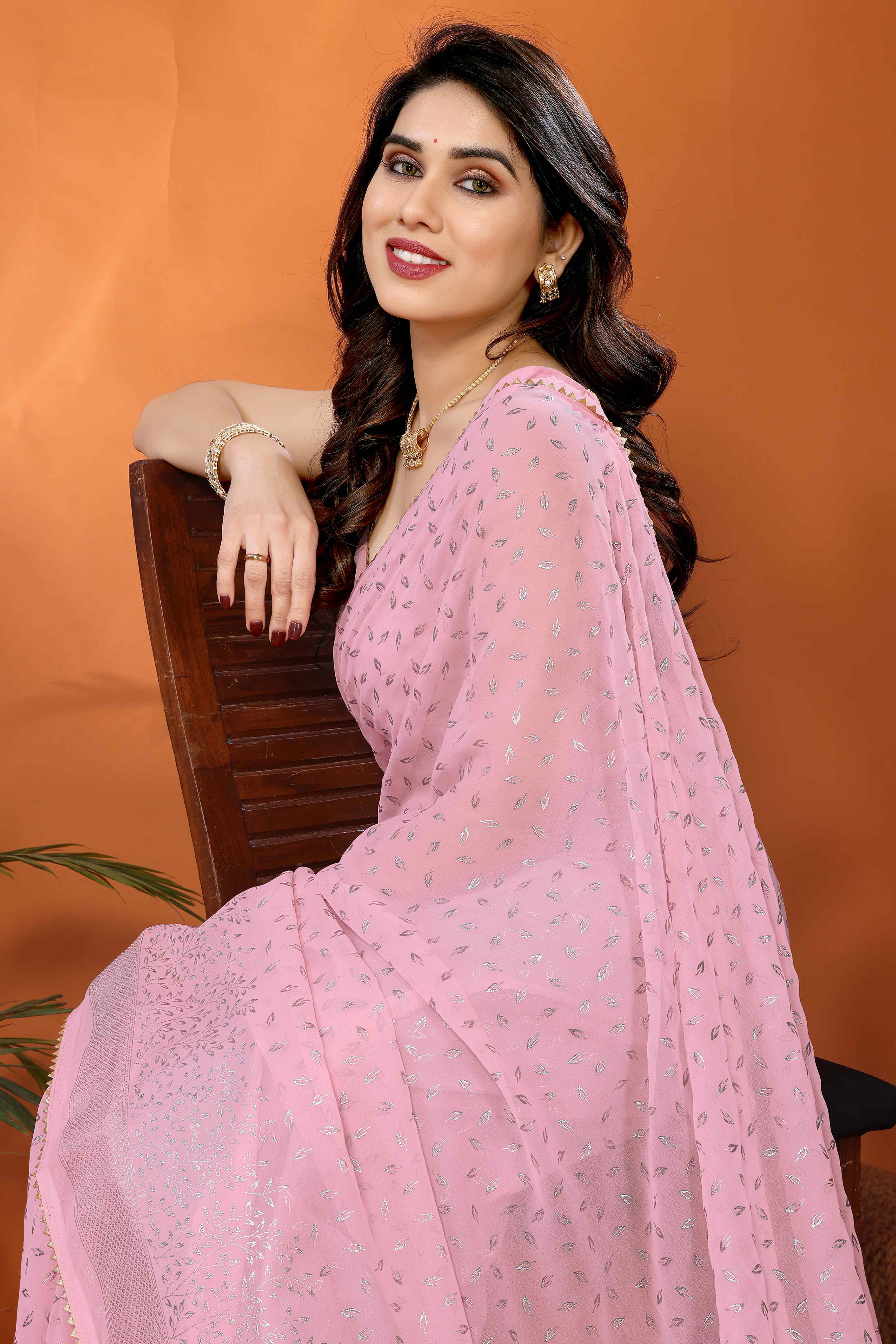 Rose Pink Foil Printed Georgette Saree - Image 6