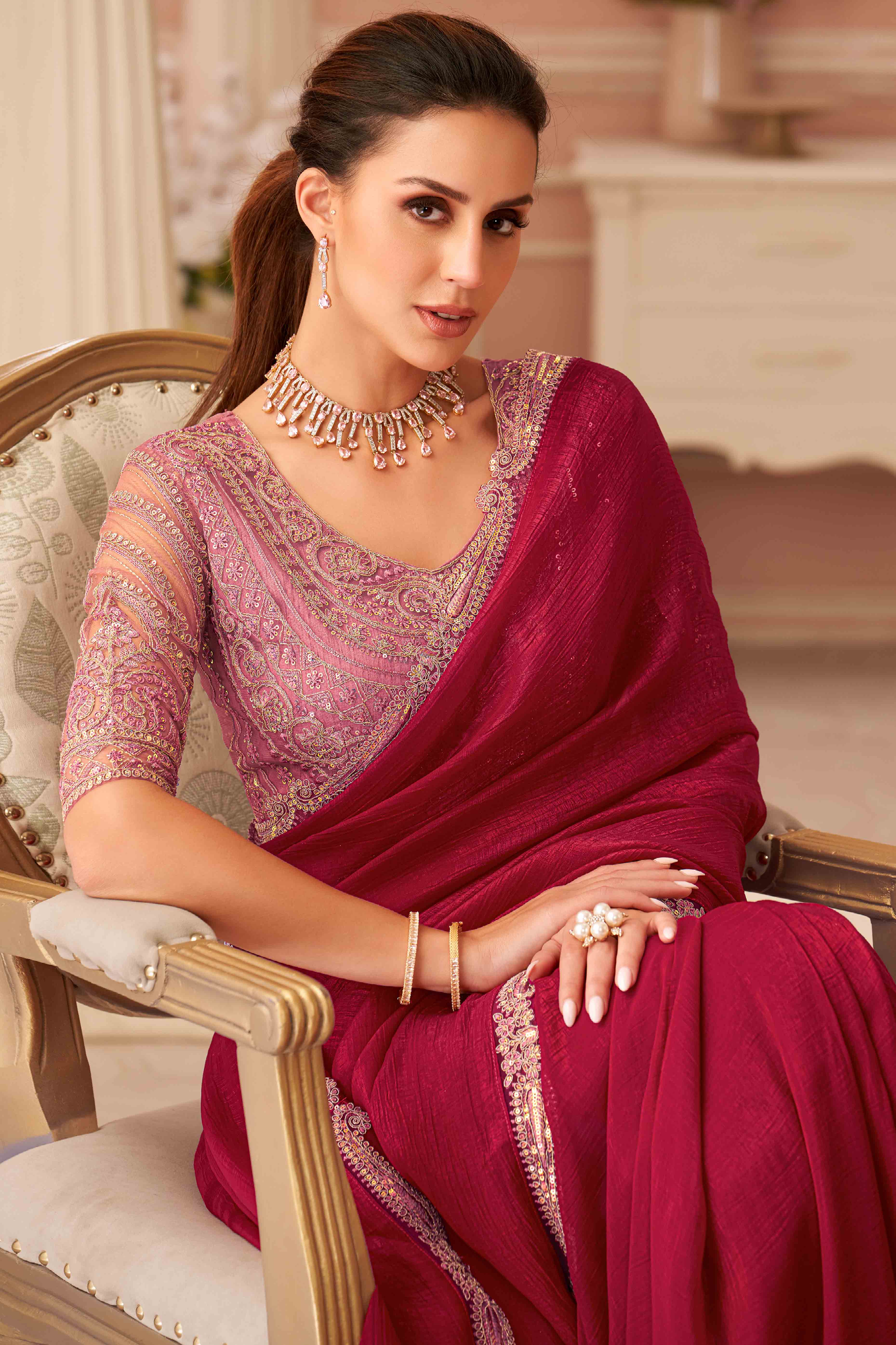Rose Pink Sequins Embroidered Georgette Saree - Image 3