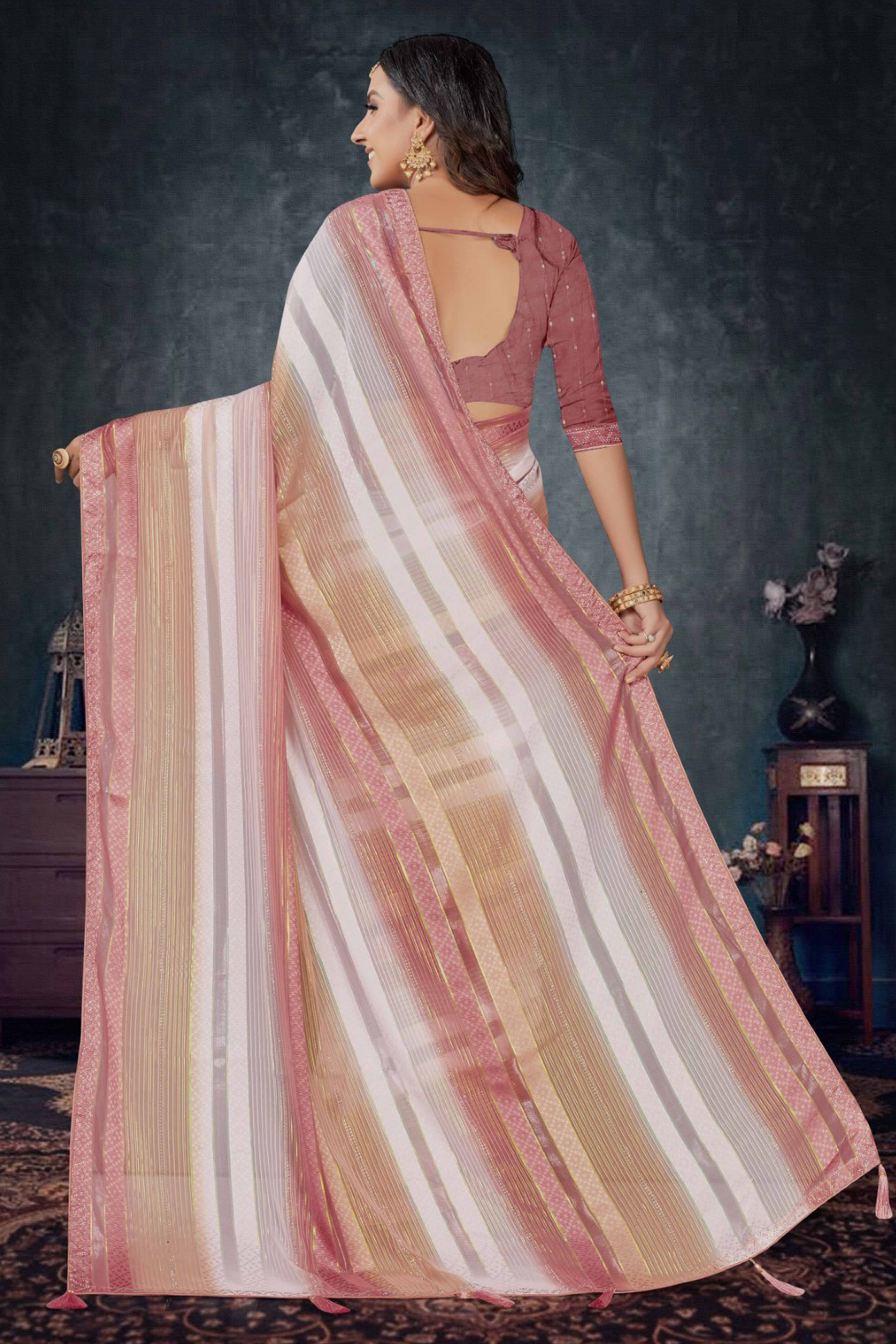 Rose Pink Woven Design Saree Crafted in Sheer and Elegant Poly Georgette - Image 5