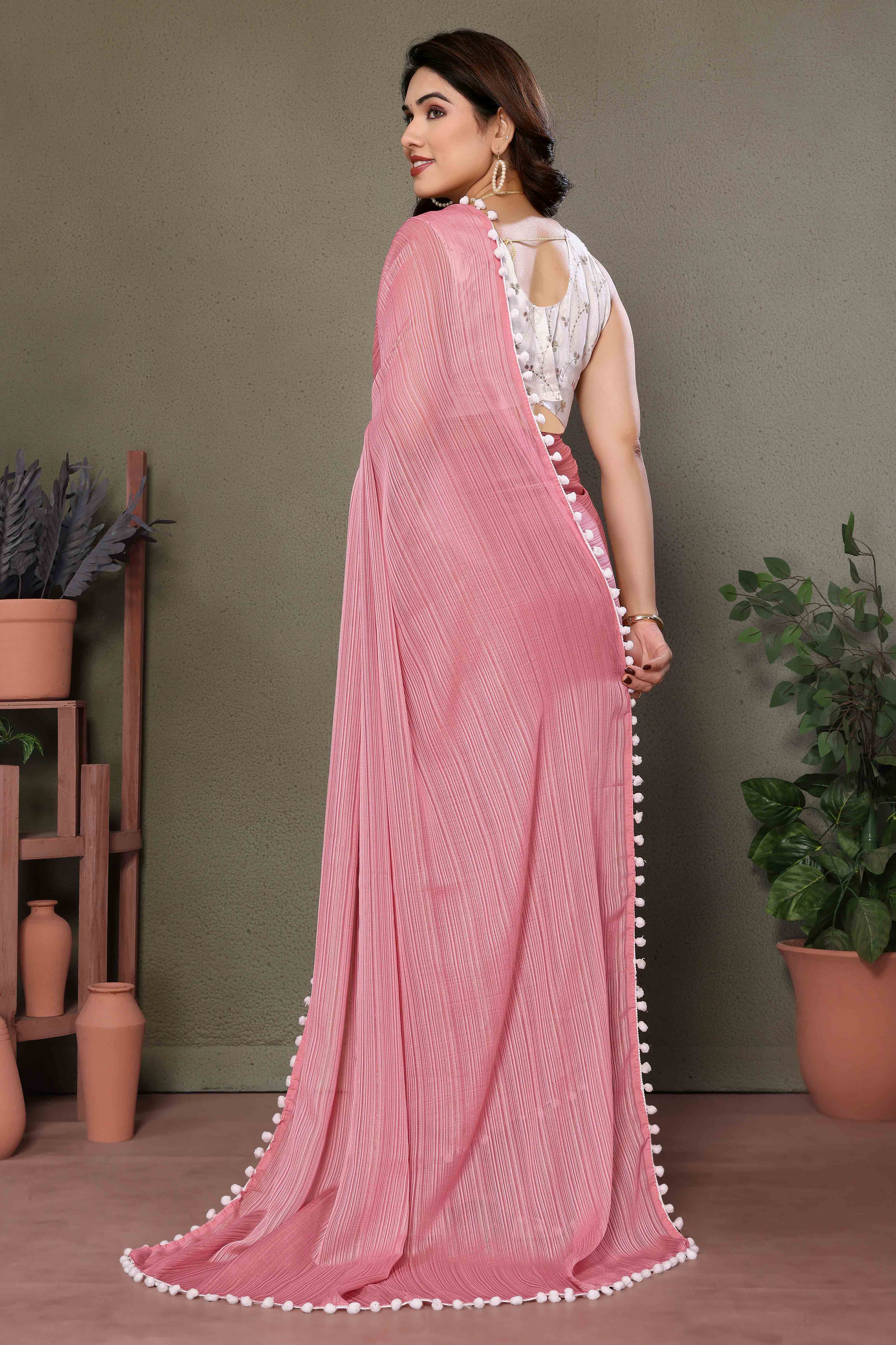 Rose Pink Zari Woven Satin Saree With Pompom Border - Image 4