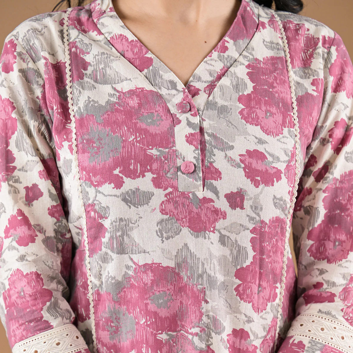 Rose Red Floral Printed Pure Cotton Co-Ord Set - Image 3