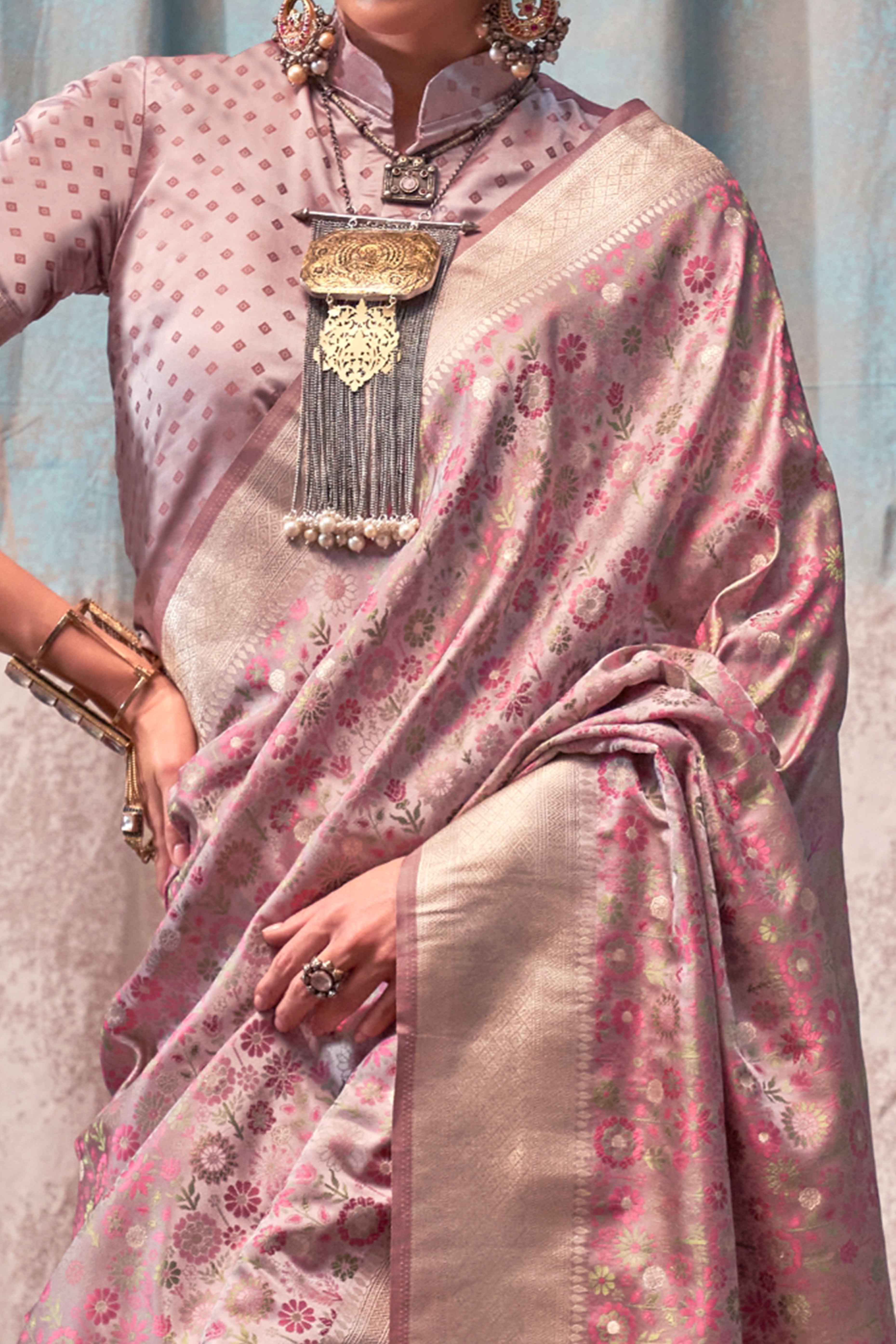 Rosy Brown Handloom Woven Pure Satin Saree - Image 2