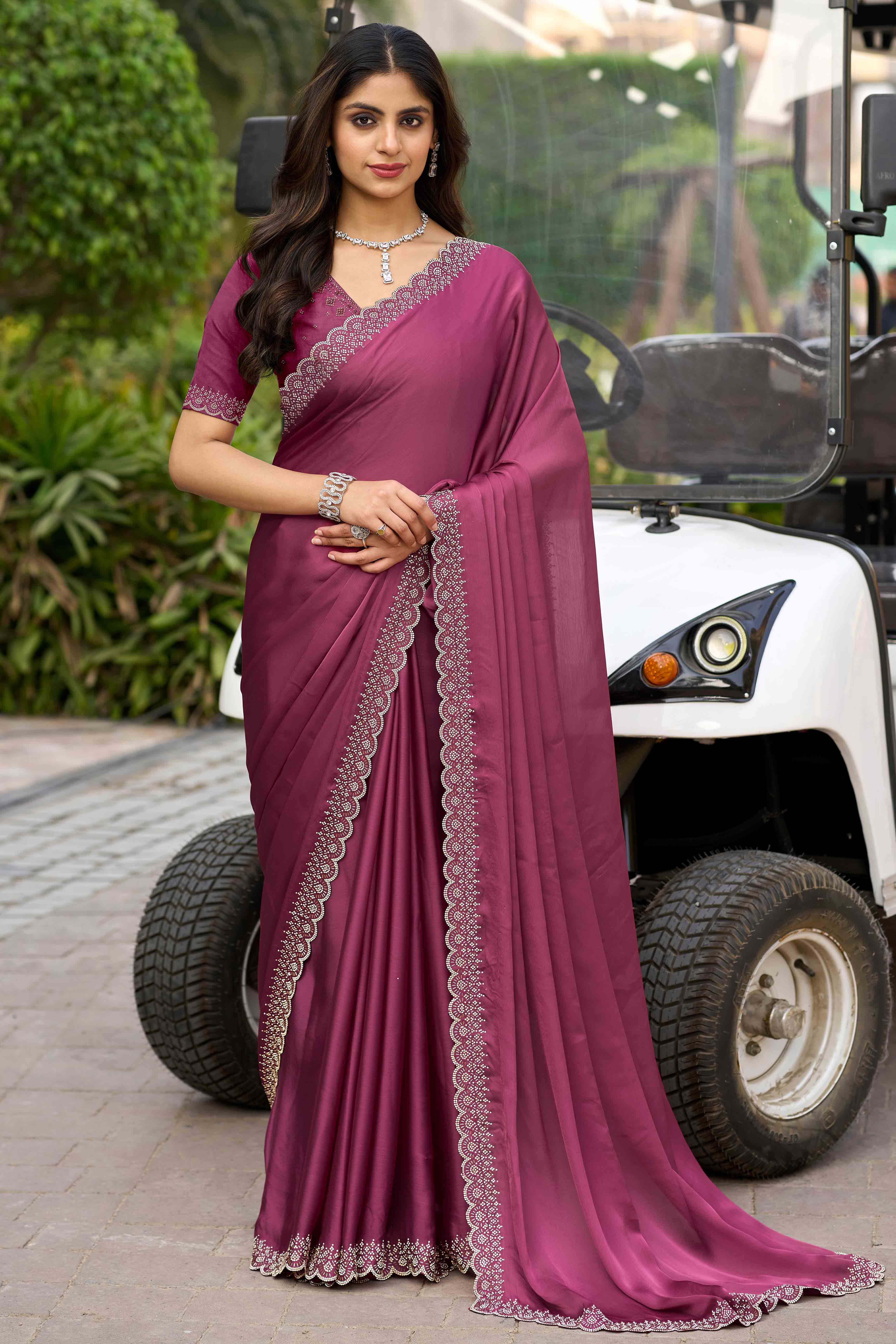 5Rouge Pink Solid Satin Chiffon Saree With Cutdana & Zarkan Handwork - Image 3