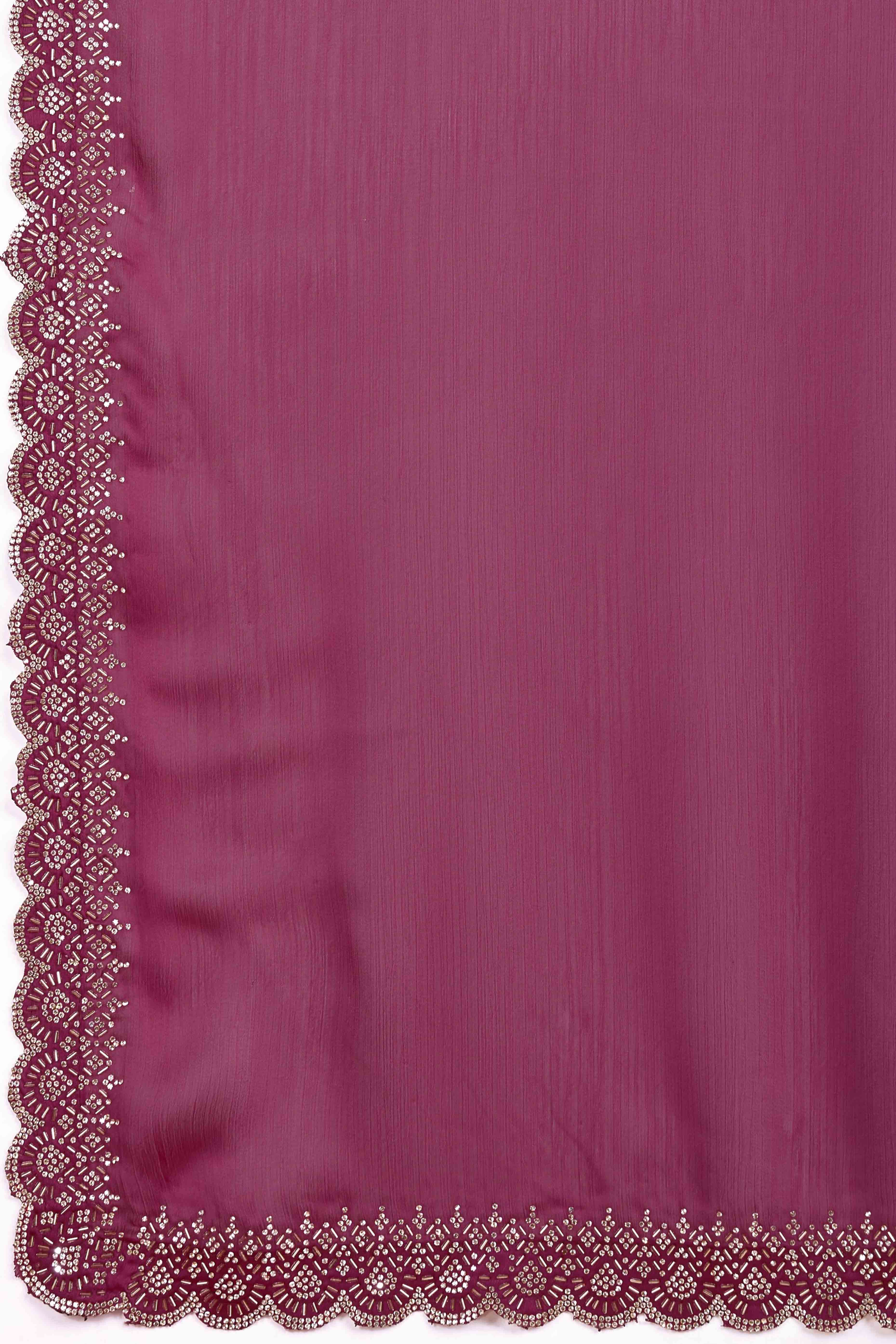 5Rouge Pink Solid Satin Chiffon Saree With Cutdana & Zarkan Handwork - Image 7