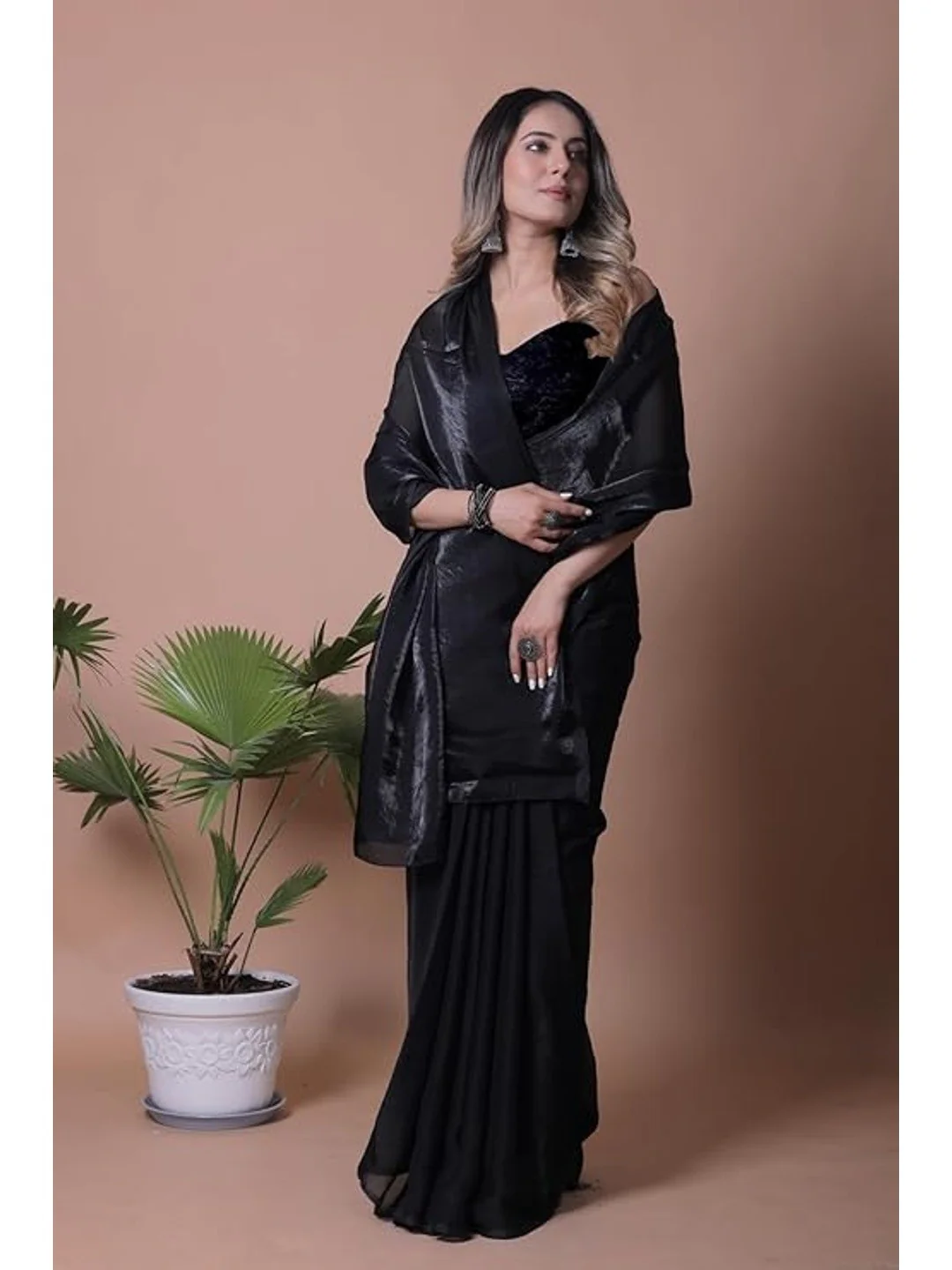 Royal Black Solid Satin Saree Designed for Elegant Party Wear Styling