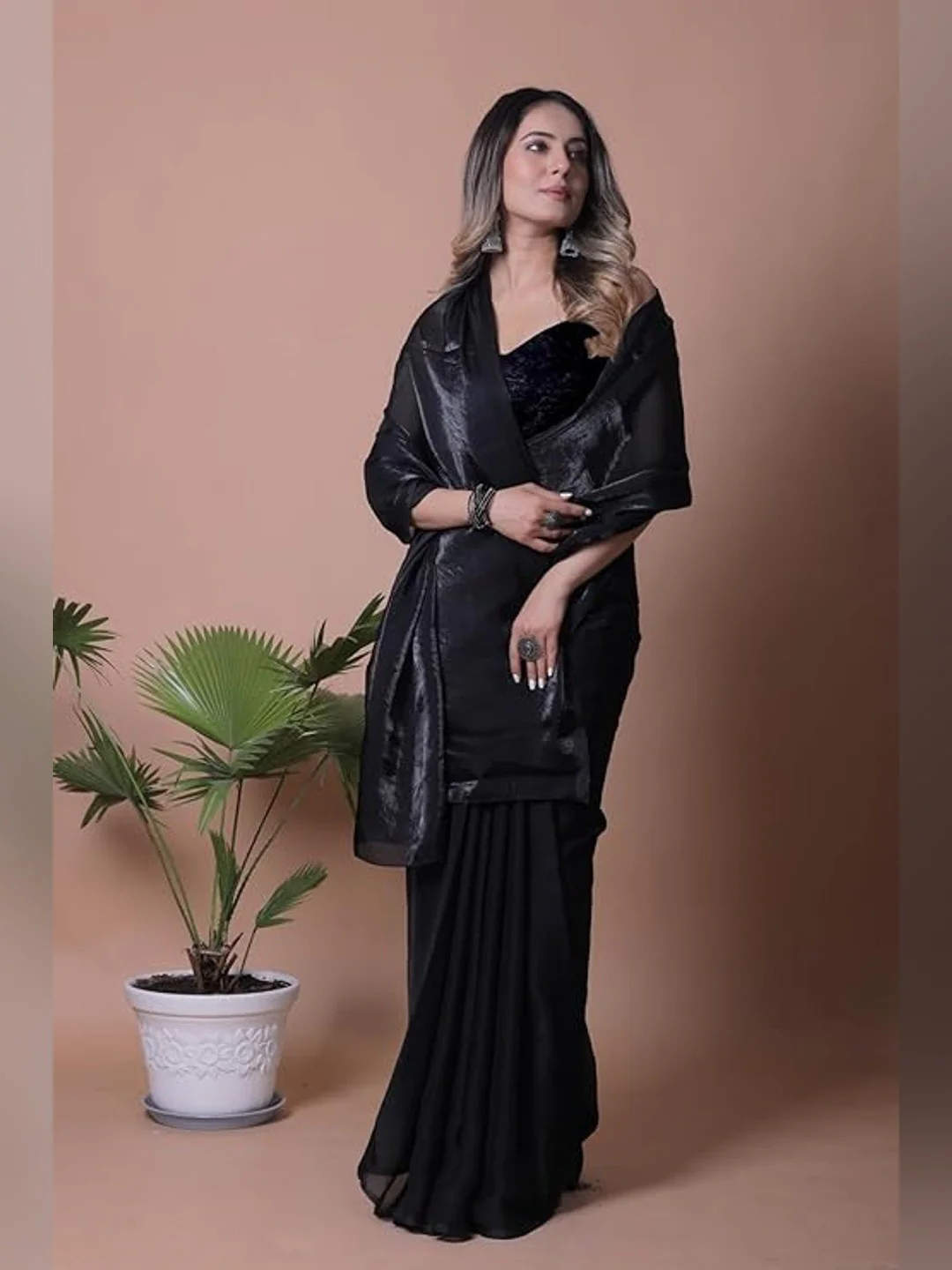 Royal Black Solid Satin Saree Designed for Elegant Party Wear Styling - Image 5