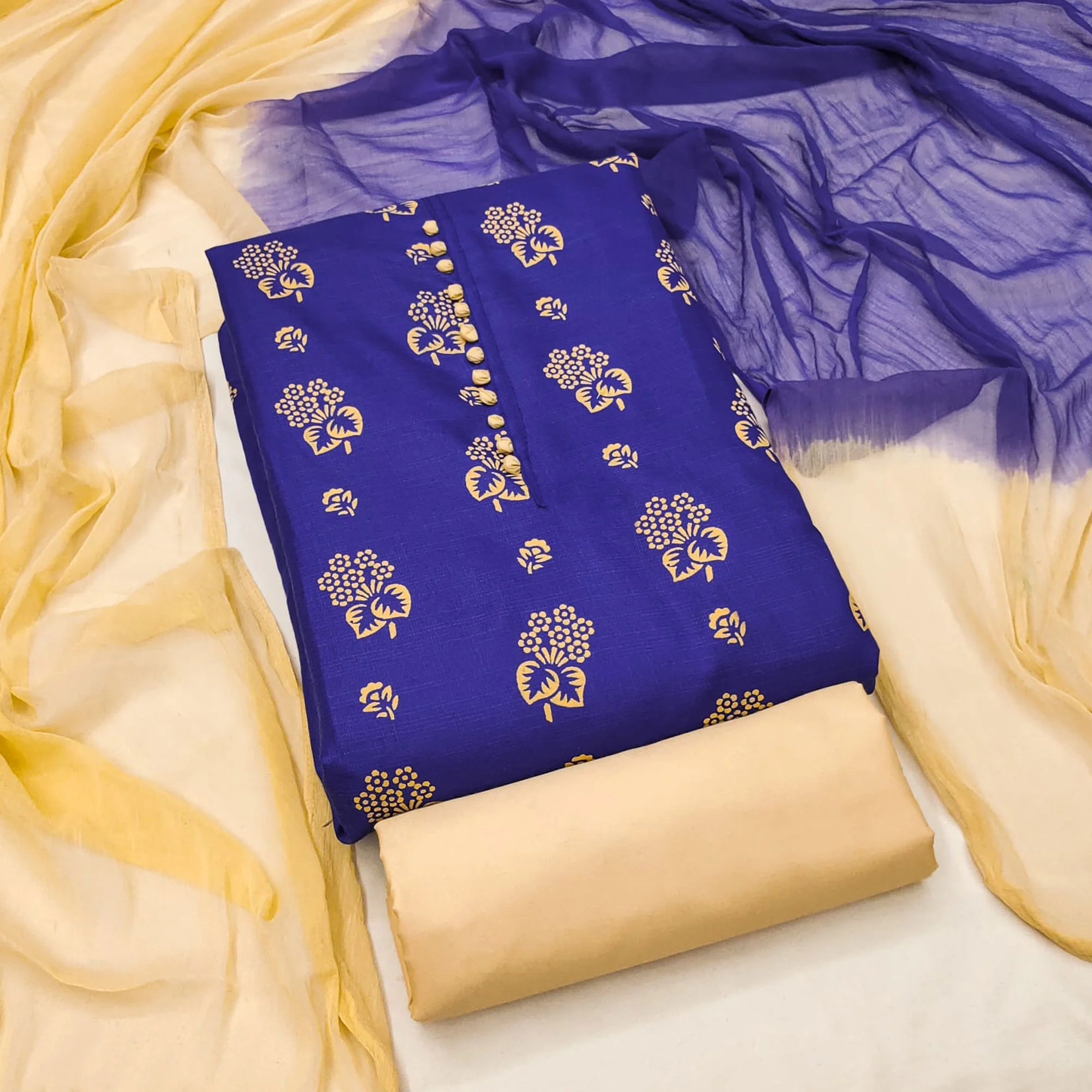 Royal Blue Floral Foil Printed Cotton Blend Dress Material