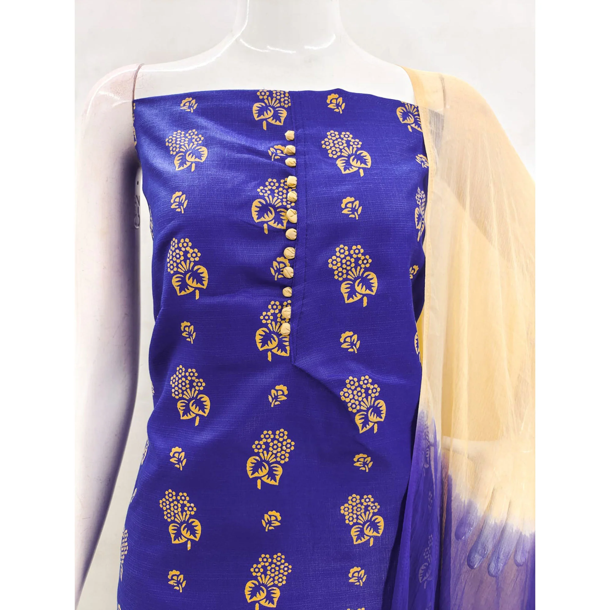 Royal Blue Floral Foil Printed Cotton Blend Dress Material - Image 6