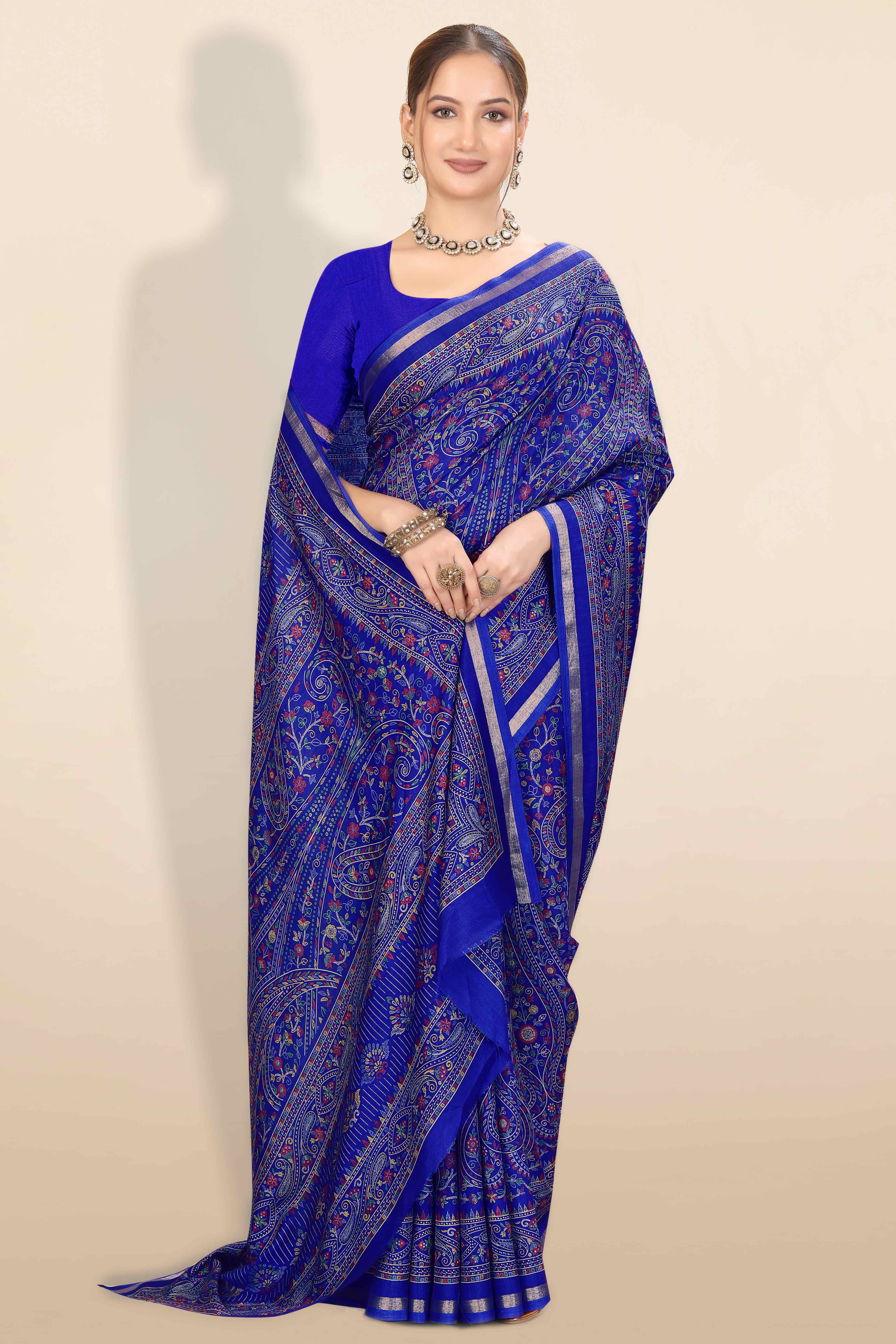 Royal Blue Floral Printed Dola Kashmiri Dola Silk Saree Highlighted With Rich Golden Zari Border - Image 5