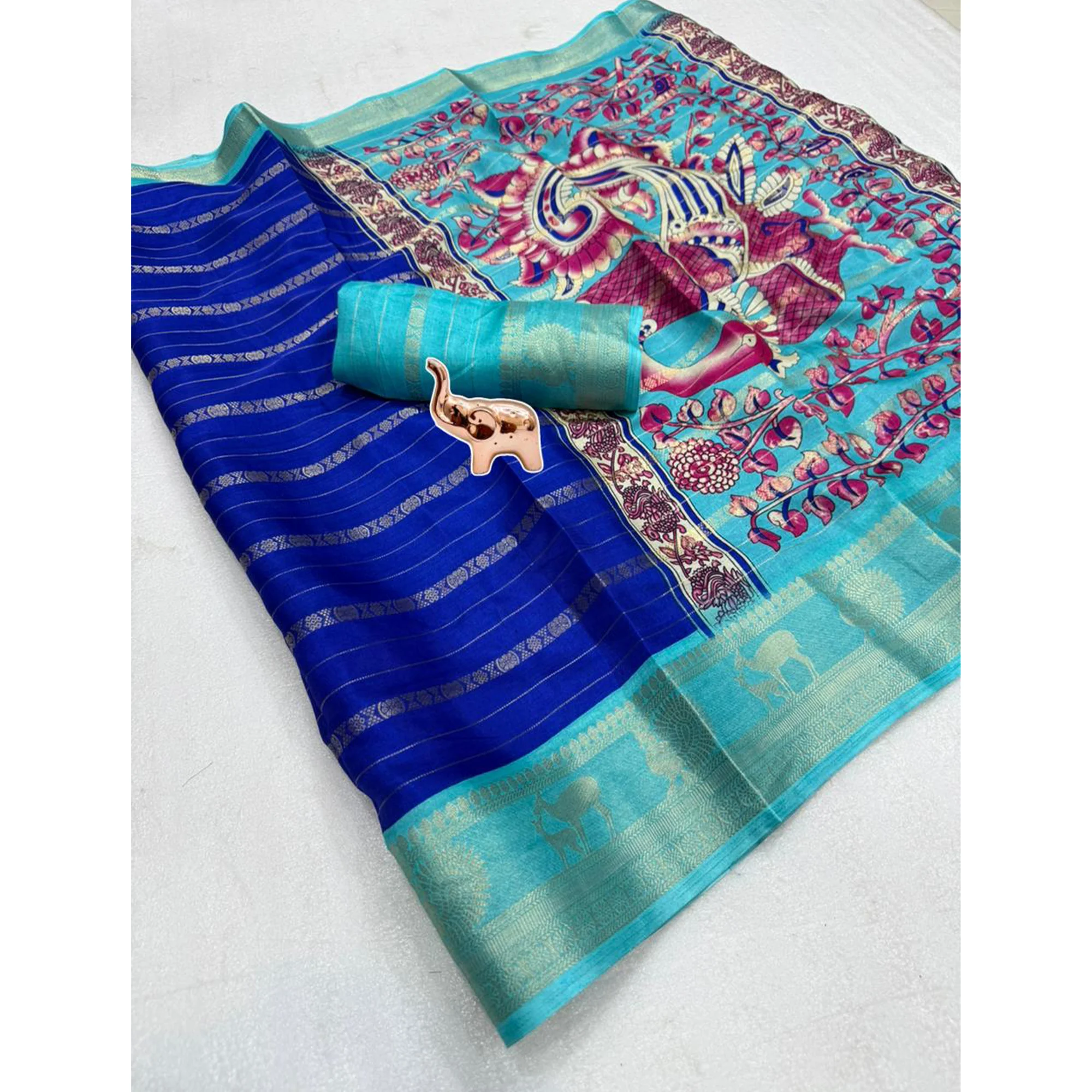 Royal Blue Floral Weaving Mysore Silk Saree With Peacock Print Pallu & Two-Tone Padding Border Work - Image 3