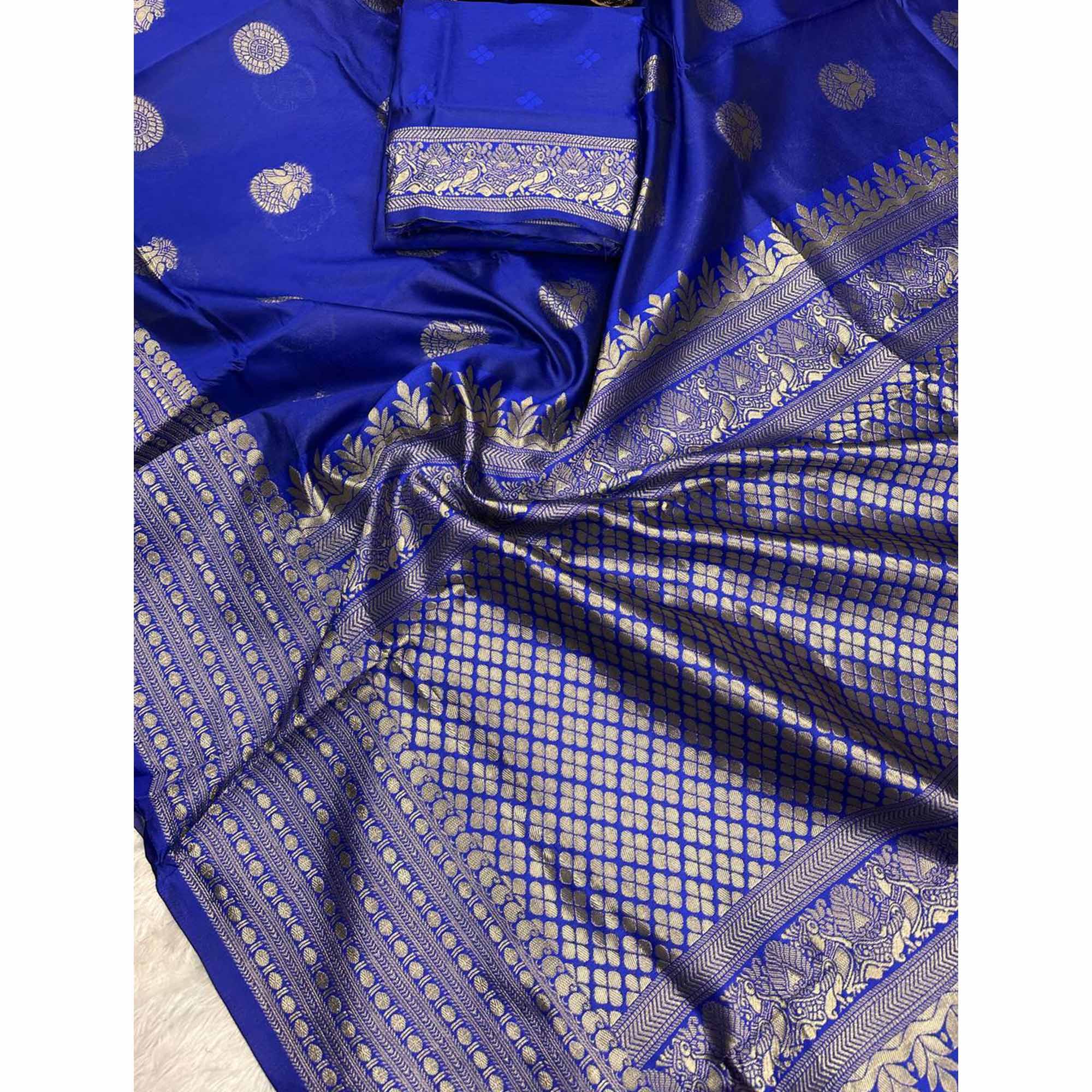 Royal Blue Floral Woven Lichi Banarasi Silk Saree - Image 3