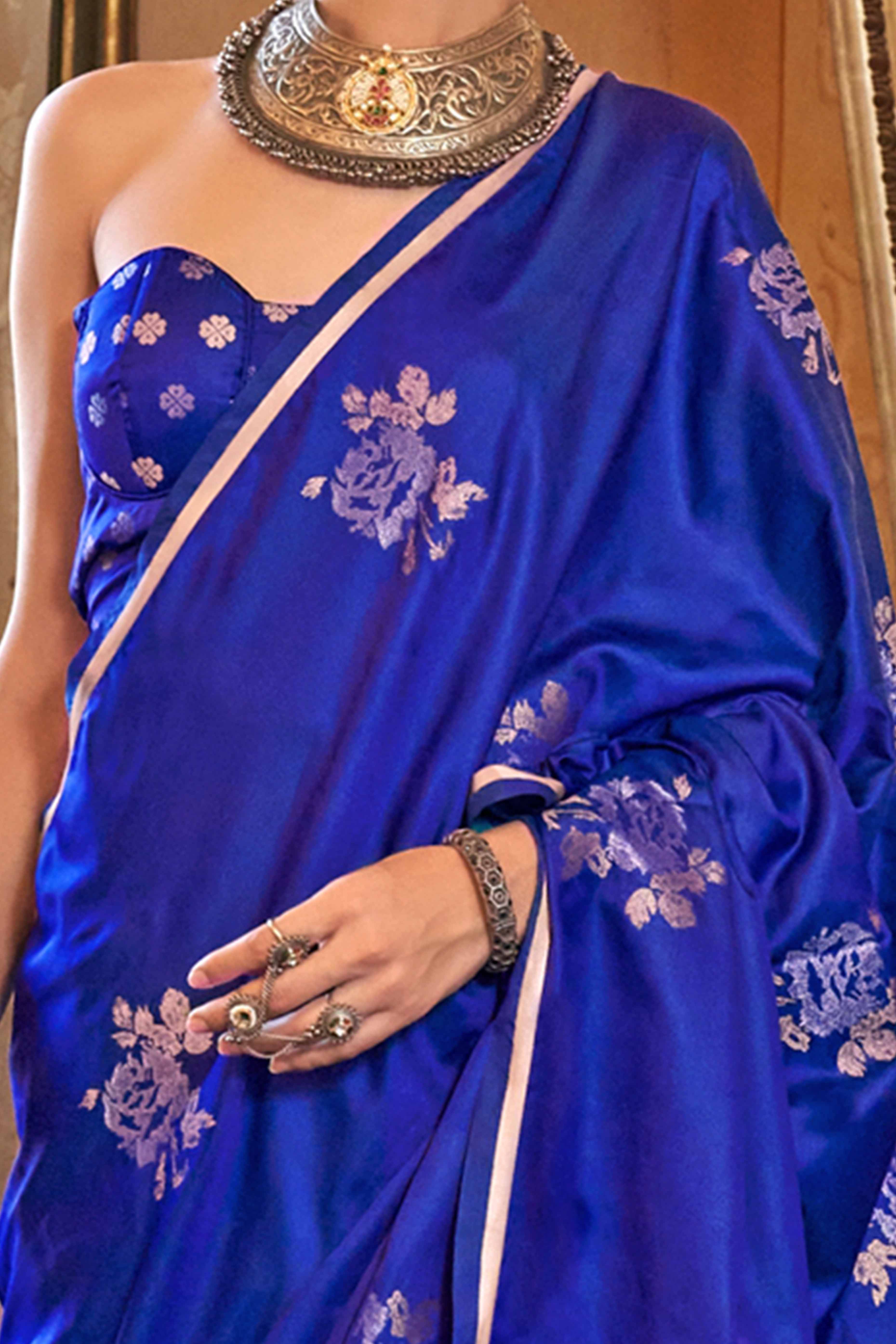 Royal Blue Satin Saree with Zari Weaving and Tassel Detailing - Image 2
