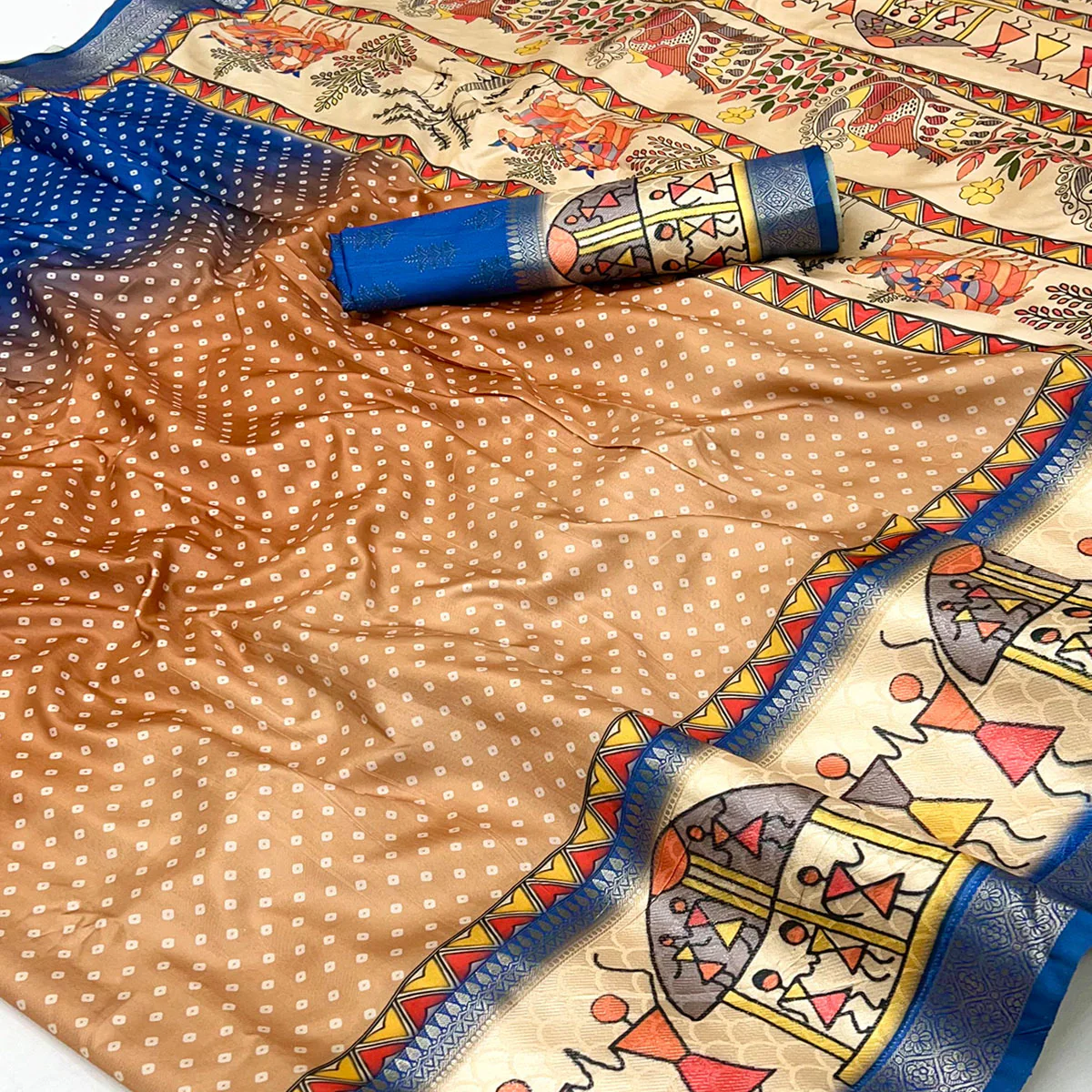 Royal Blue Traditional Bandhani & Warli Digital Printed Silk Blend Saree With Weaving Border - Image 2