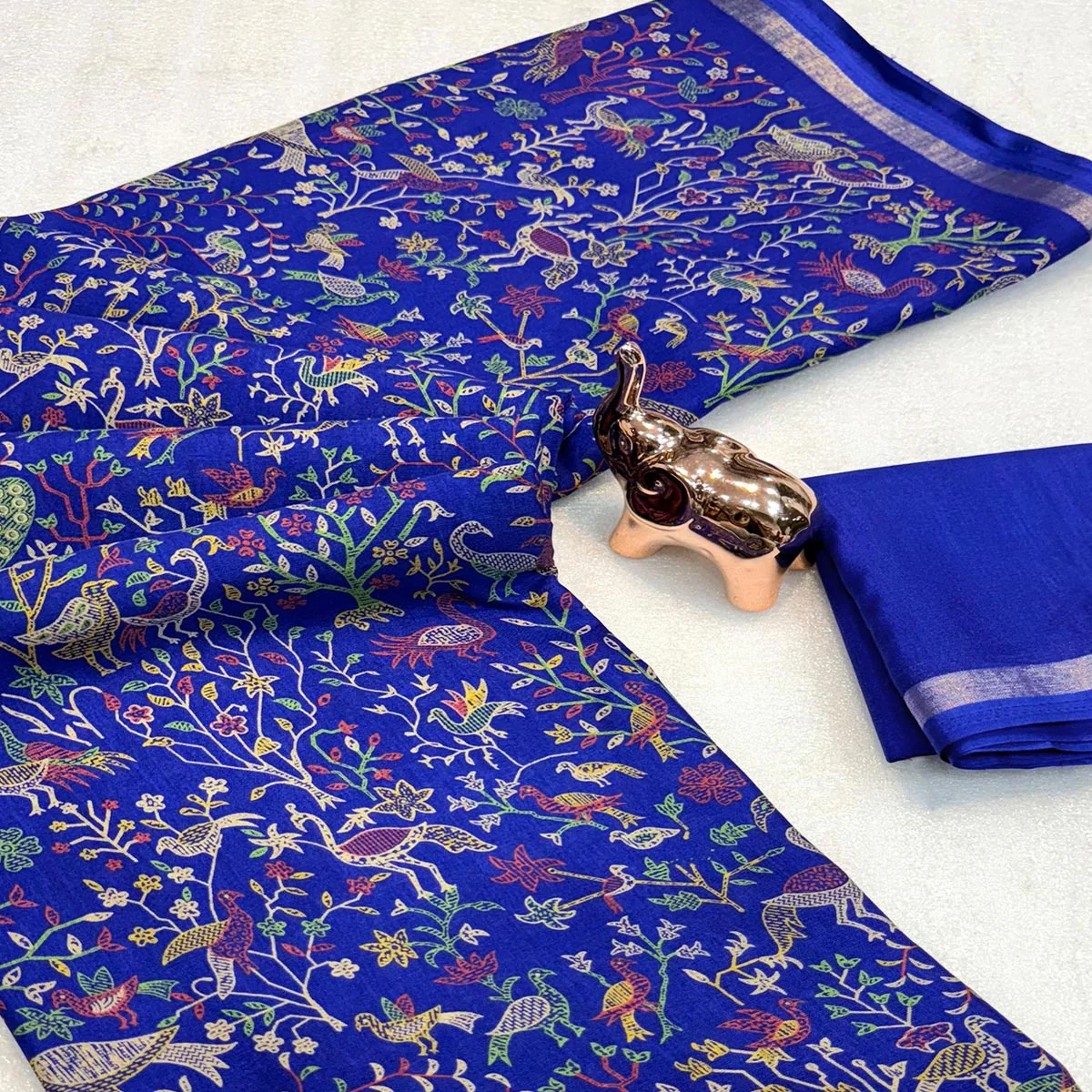 Royal Blue Tussar Silk Blend Saree with Intricate Floral & Bird Kashmiri Print & Zari Border - Image 2